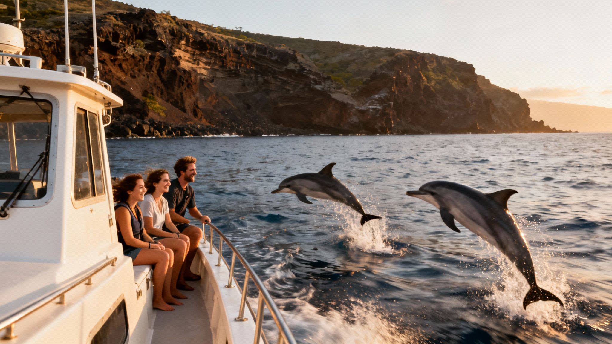 Happy tourists on a boat watch two dolphins jumping spectacularly out of the ocean at sunset.