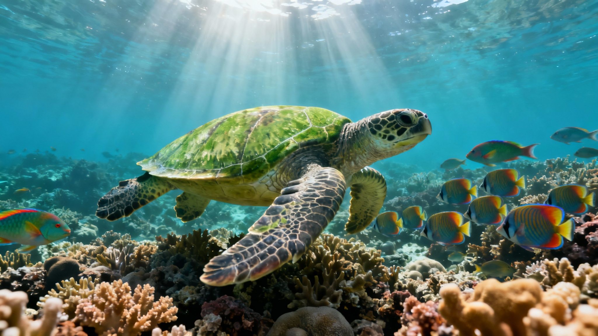 Green sea turtle swimming near a vibrant coral reef, surrounded by colorful fish and sunlight.