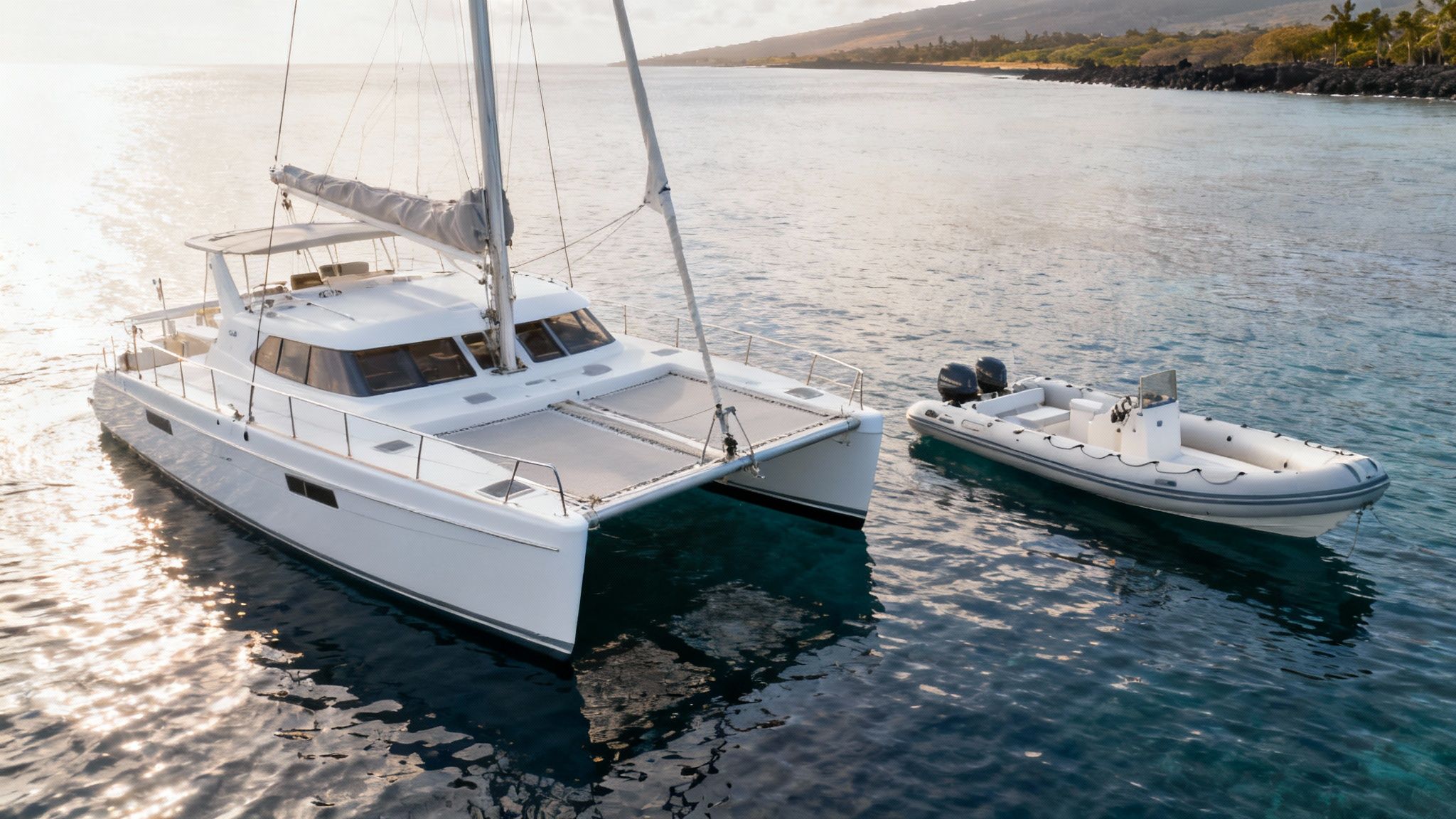 A white catamaran sailboat and a white RIB tender boat floating on calm tropical waters at sunset.
