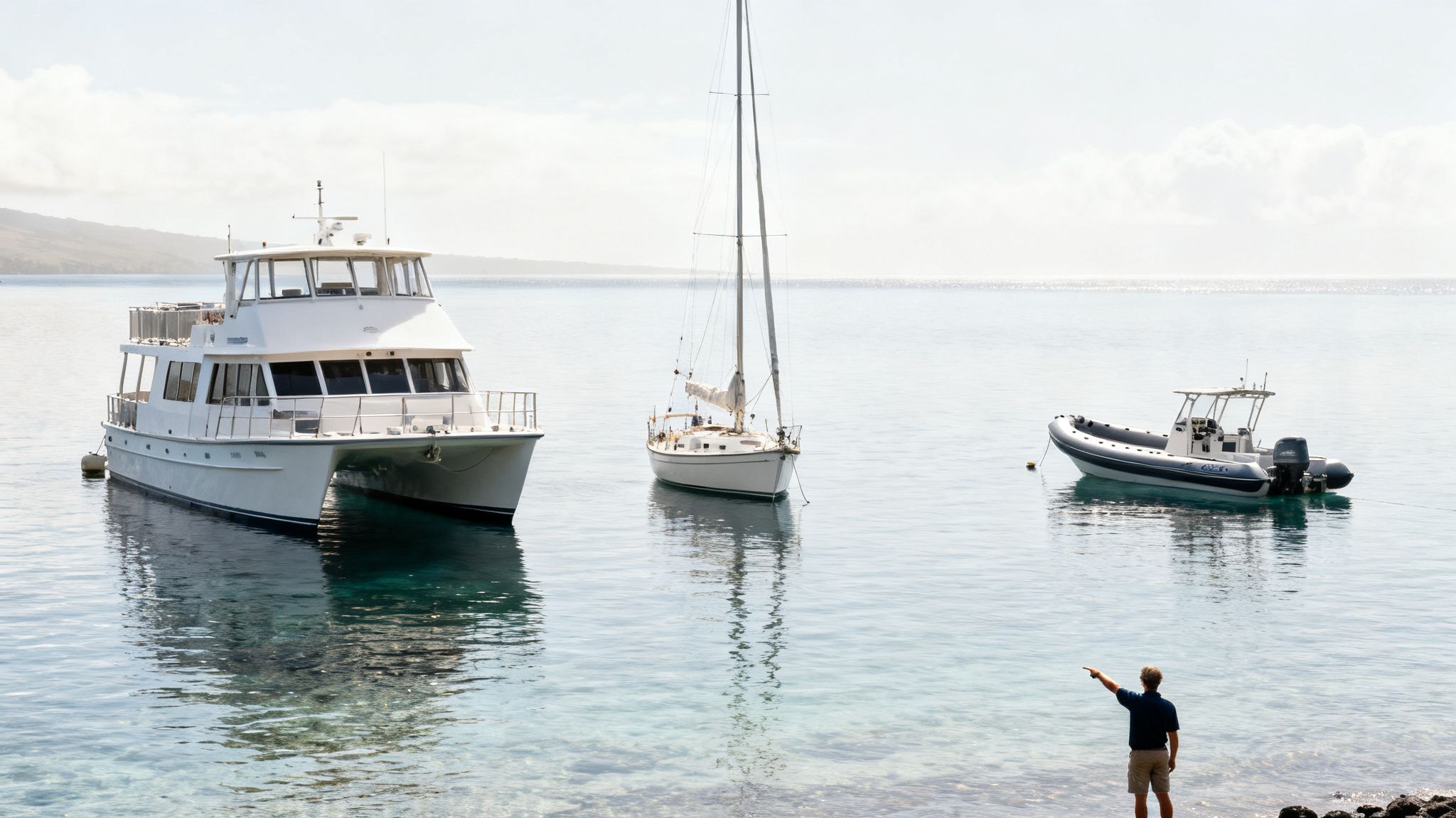 A person points at three boats anchored in clear, calm Kealakekua Bay water.