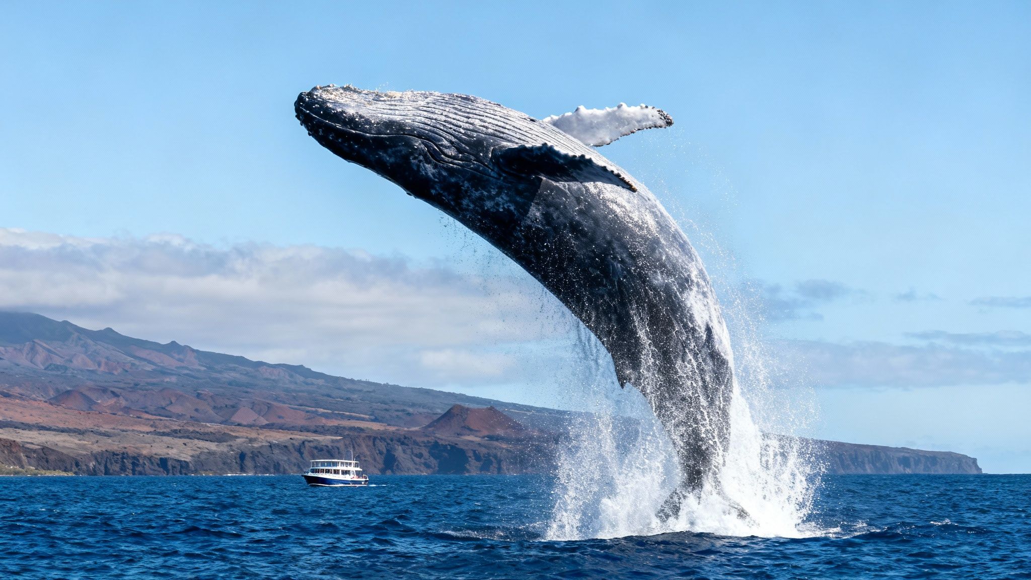 A majestic humpback whale breaches high out of the blue ocean water with a tour boat and volcanic island in the background.