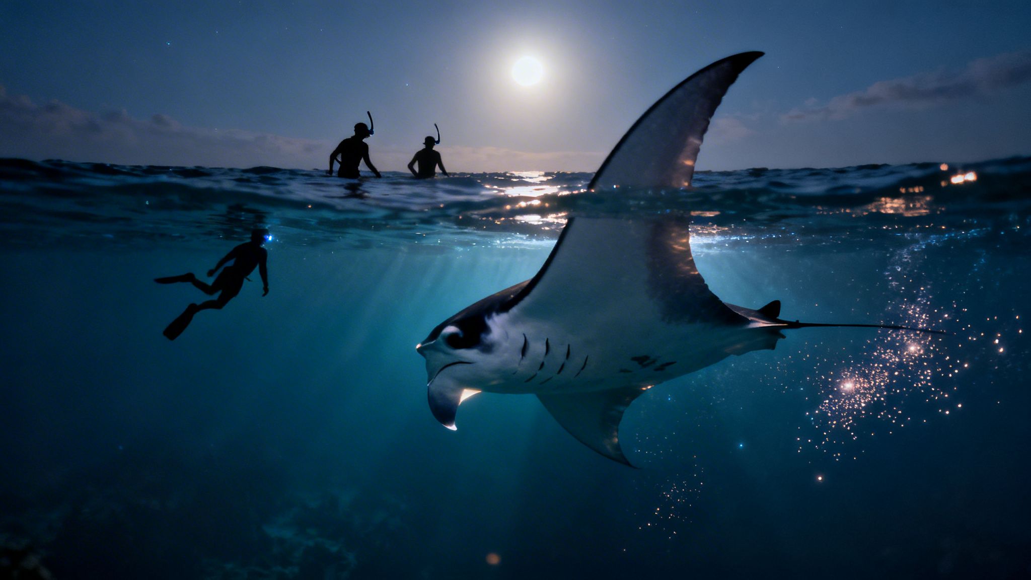 Night snorkeling with a majestic manta ray under a full moon and glowing plankton.