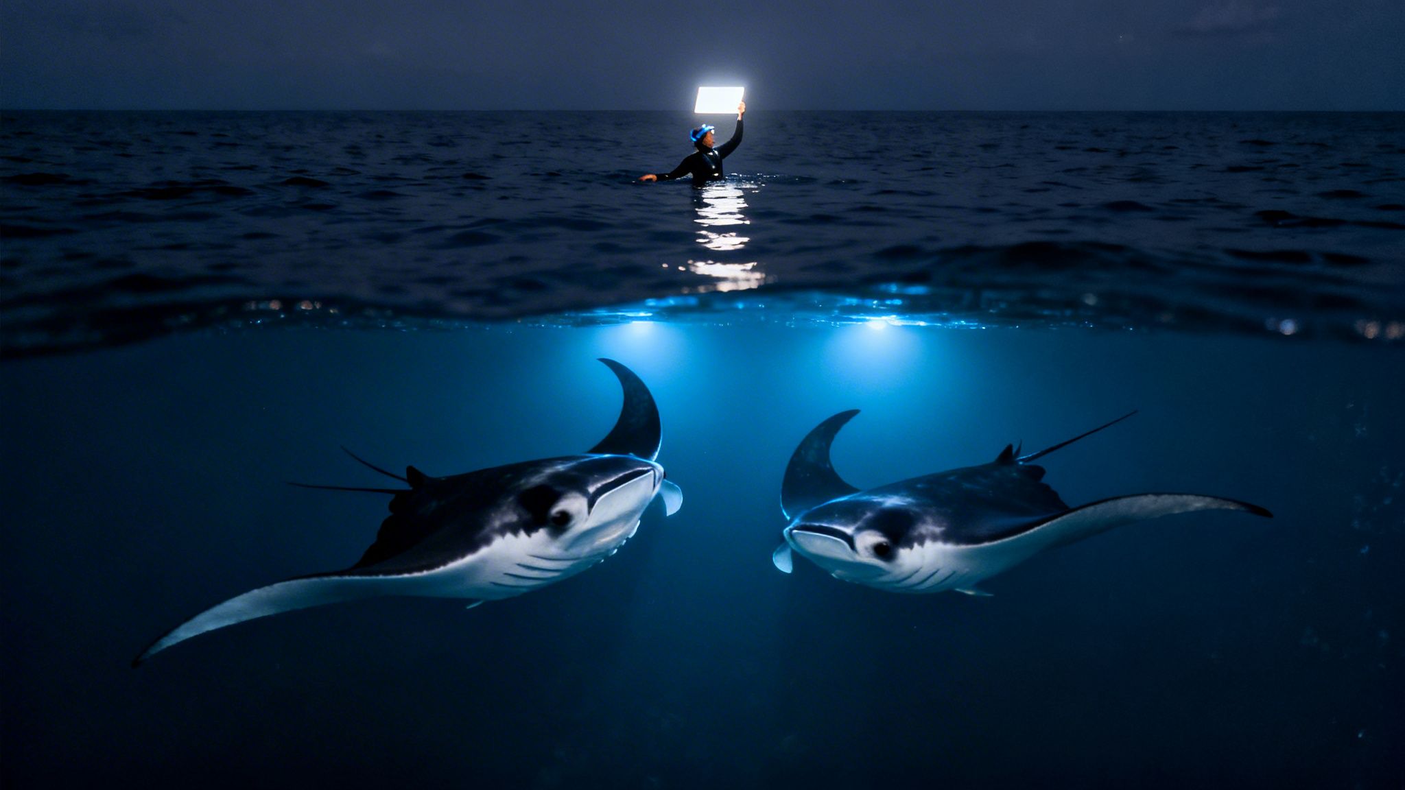 A person with a bright light illuminating two manta rays swimming in the ocean at night.