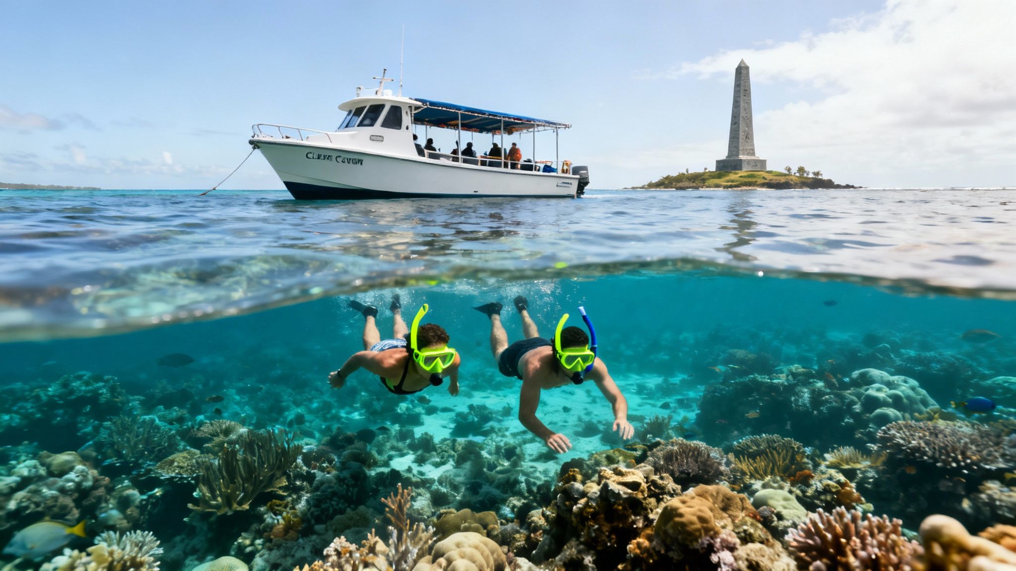 Two people snorkel in clear blue water over a vibrant coral reef, with a boat and an island monument above.