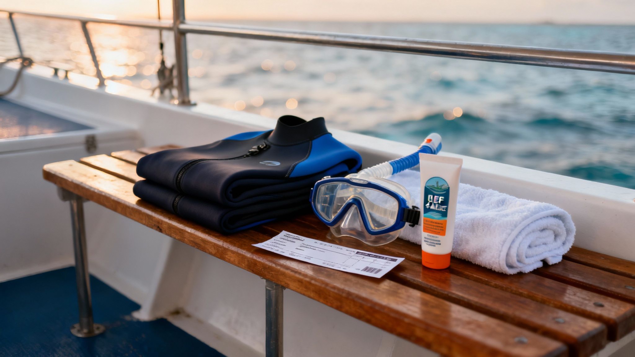 Snorkeling gear including wetsuit, mask, snorkel, sunscreen and towel arranged on boat deck