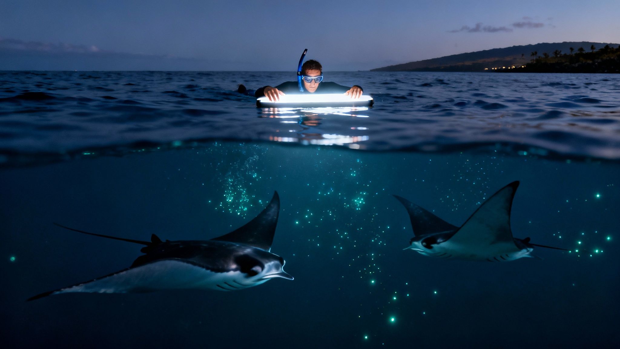 A person snorkeling at night with a light board, attracting two manta rays amidst glowing plankton.