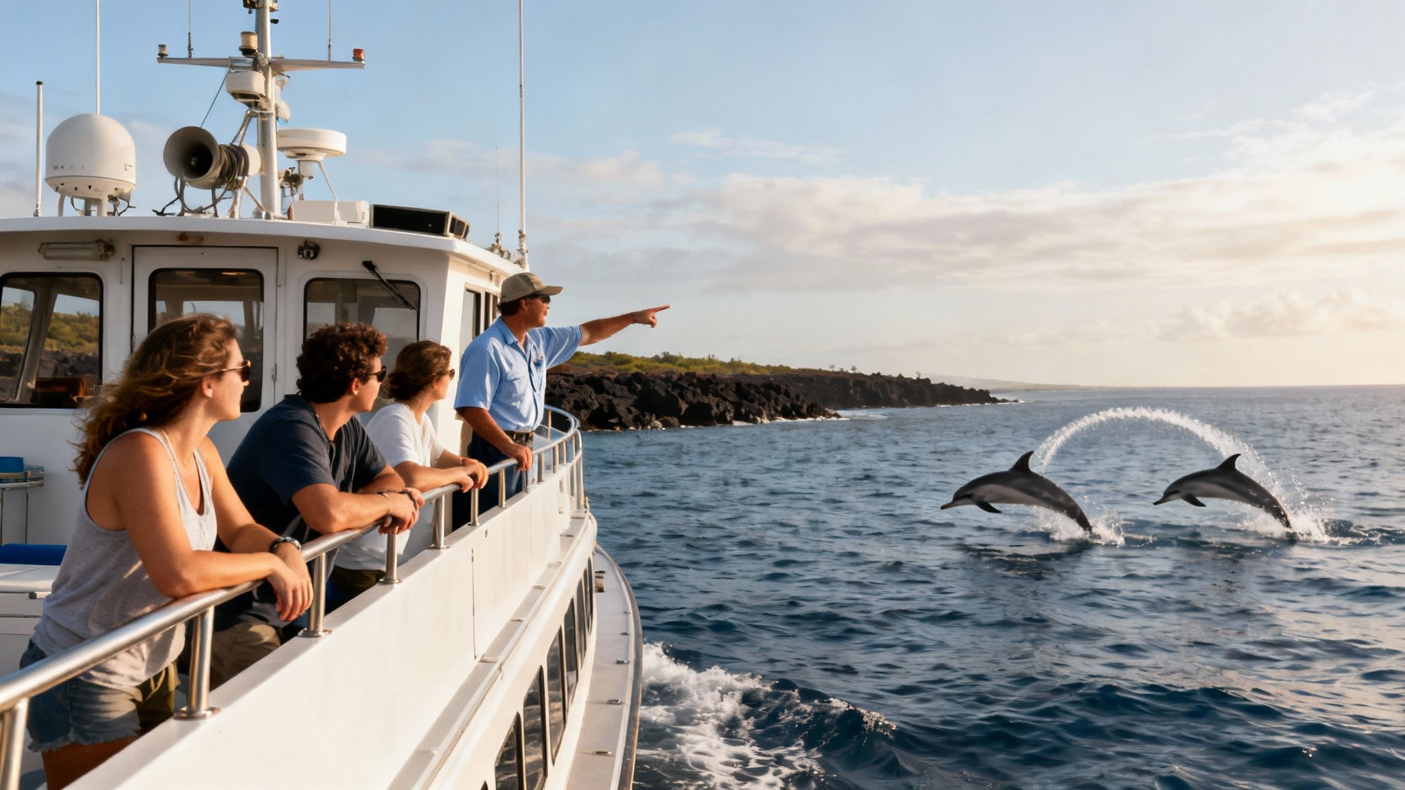 People on a boat watching two dolphins jump out of the ocean near a rocky coast.