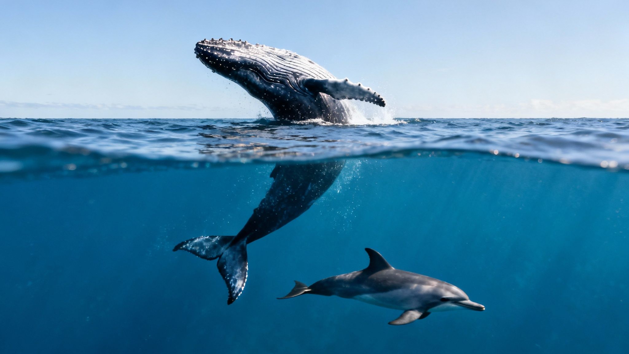 A majestic humpback whale breaches above the ocean surface as a dolphin swims gracefully underwater.