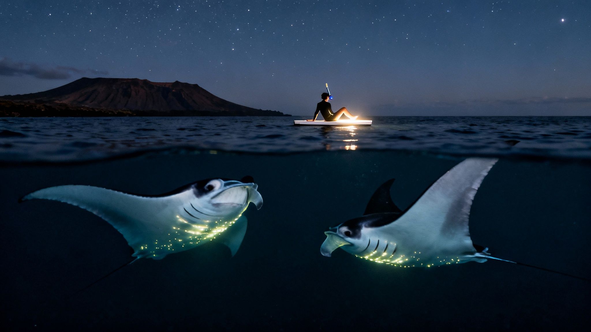 A person snorkeling at night with glowing manta rays under a starry sky and mountain.