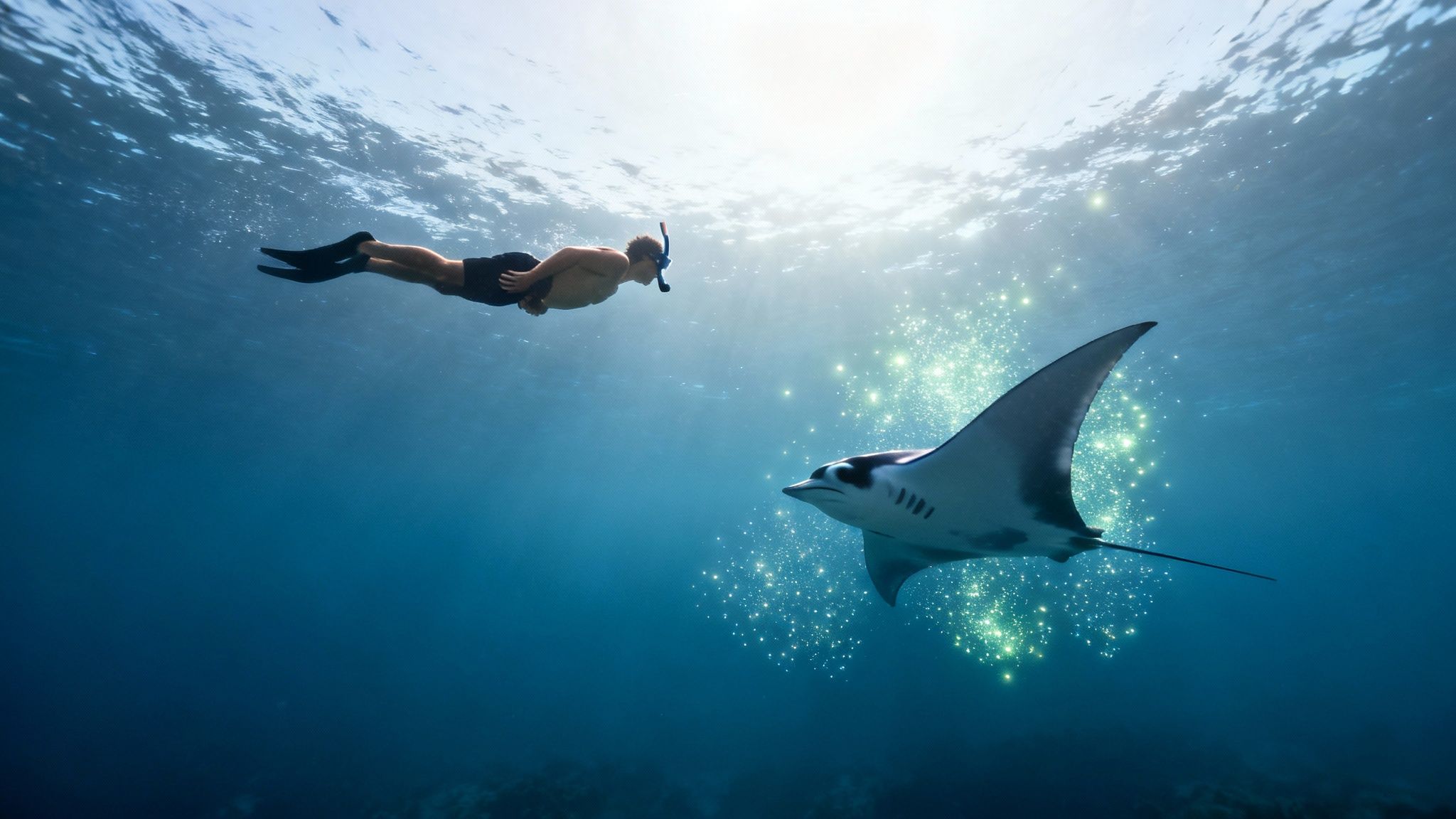 A man snorkeling underwater swims towards a majestic manta ray, with sunlight and glowing particles surrounding it.
