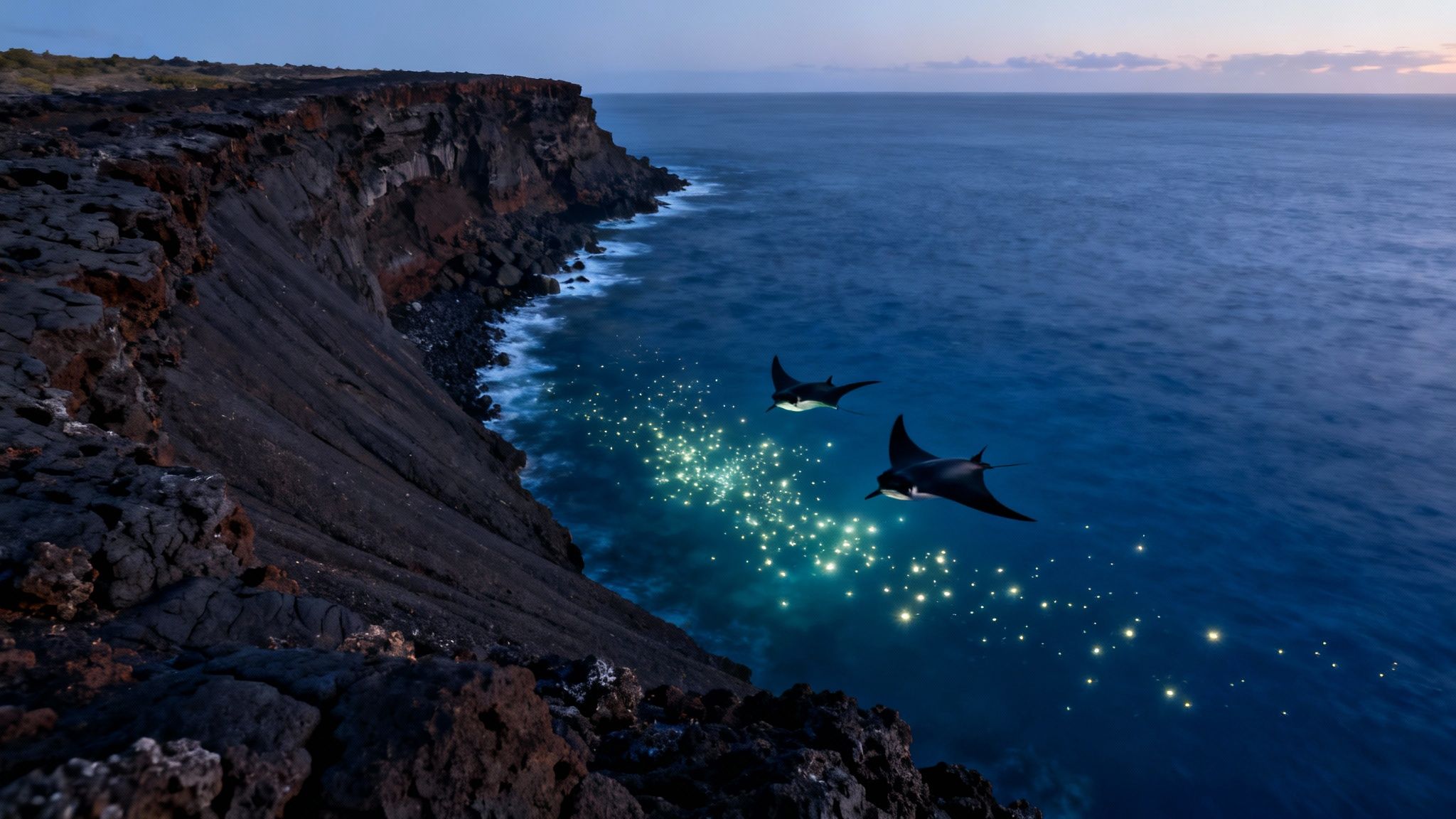 Manta ray gliding through the water illuminated by tour lights.