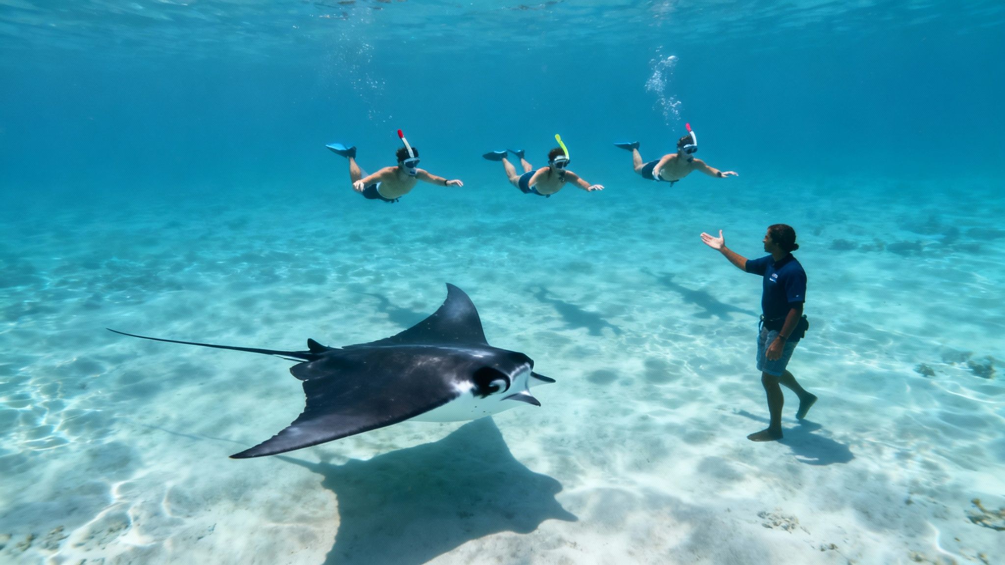 Three snorkelers and a guide encounter a majestic manta ray in clear tropical waters.