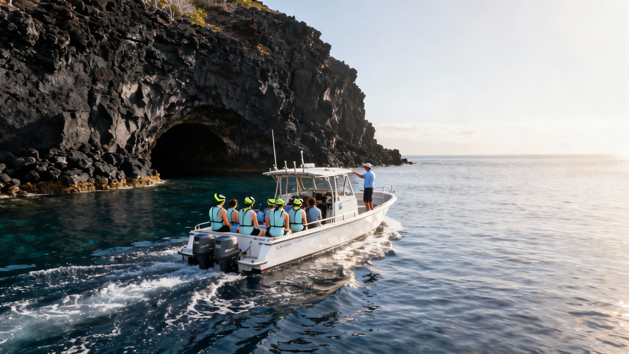 A white boat with snorkelers and a guide approaches a dark sea cave on a rugged coastline.