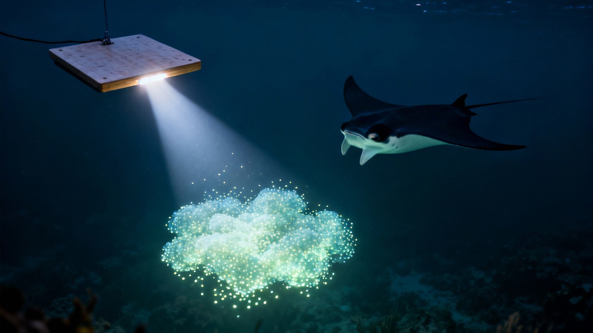 A manta ray swims underwater near a submerged light illuminating a glowing cluster of plankton.