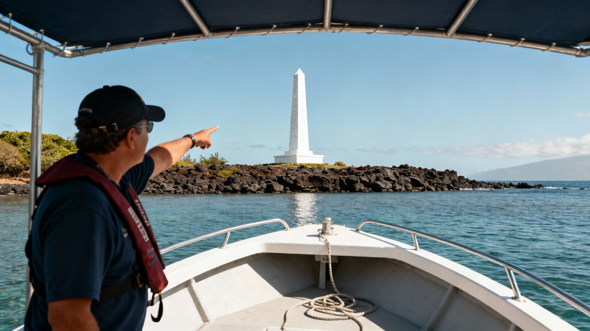 Man on a boat pointing at a white obelisk monument on a rocky shore under a blue sky.