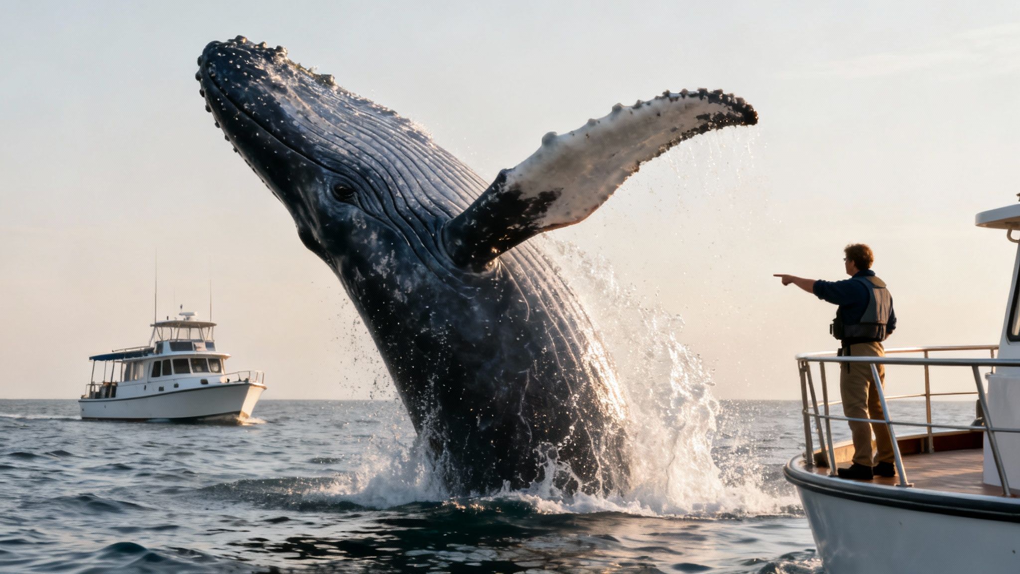 A magnificent humpback whale breaches high out of the ocean next to a whale-watching boat.