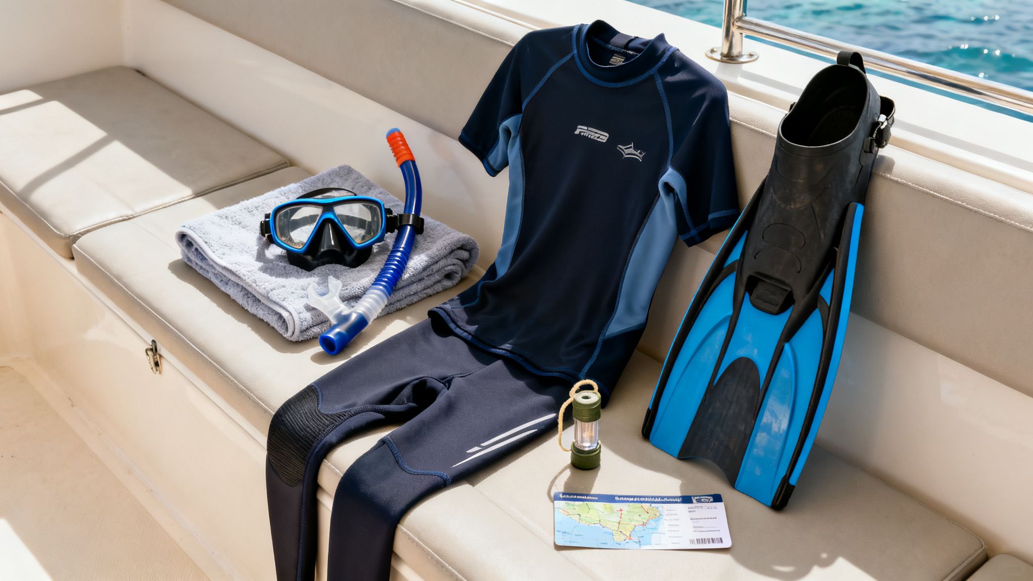 Snorkeling gear, including mask, snorkel, fins, rash guard, and wetsuit on a boat seat.