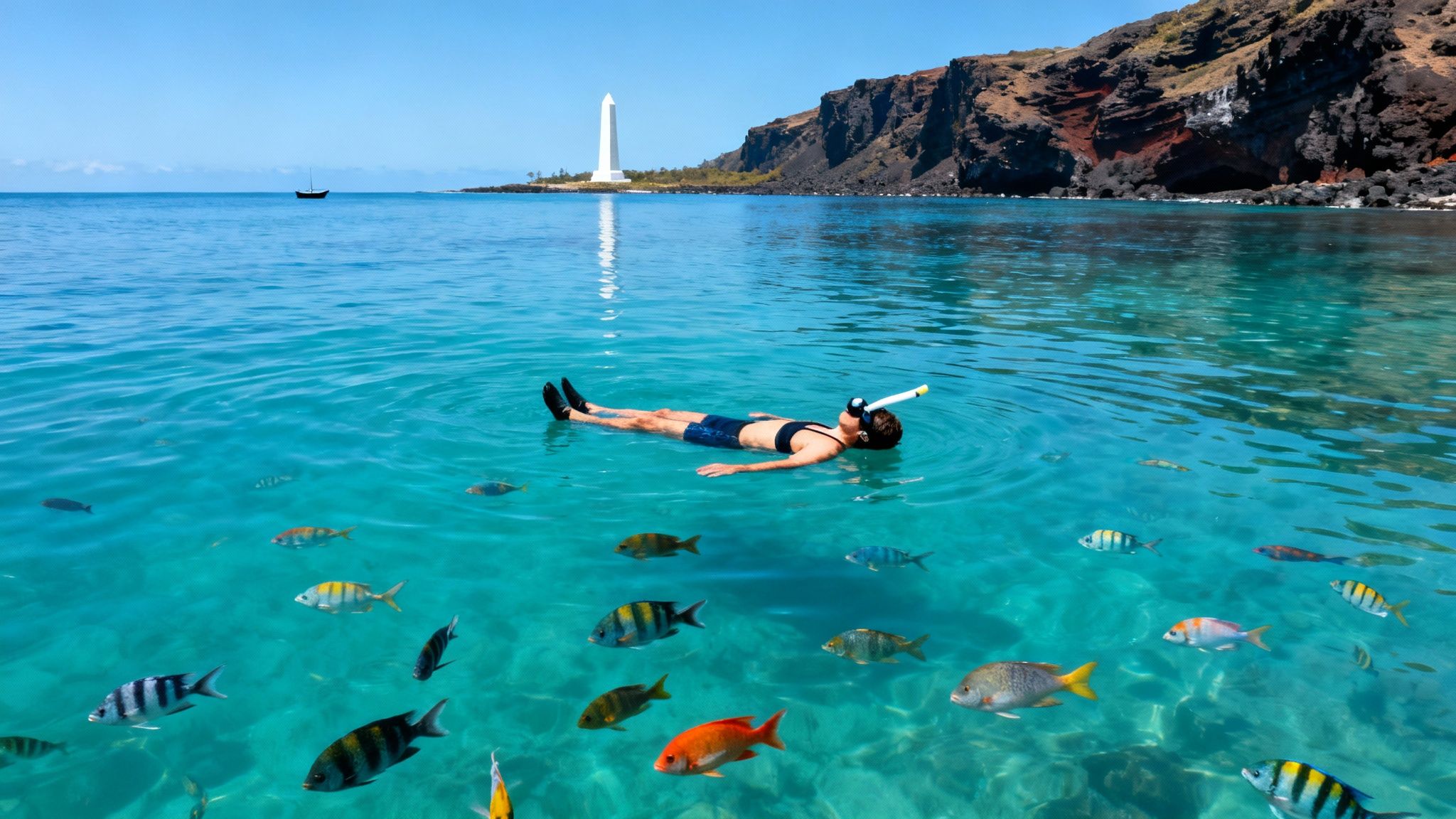 A person snorkeling in vibrant blue water, surrounded by colorful fish, with a lighthouse and cliffs in the background.