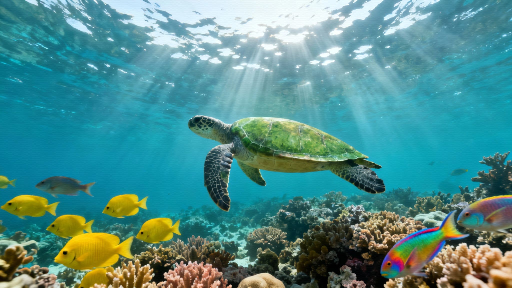 A majestic green sea turtle swims gracefully above a vibrant coral reef, surrounded by colorful fish and sun rays.