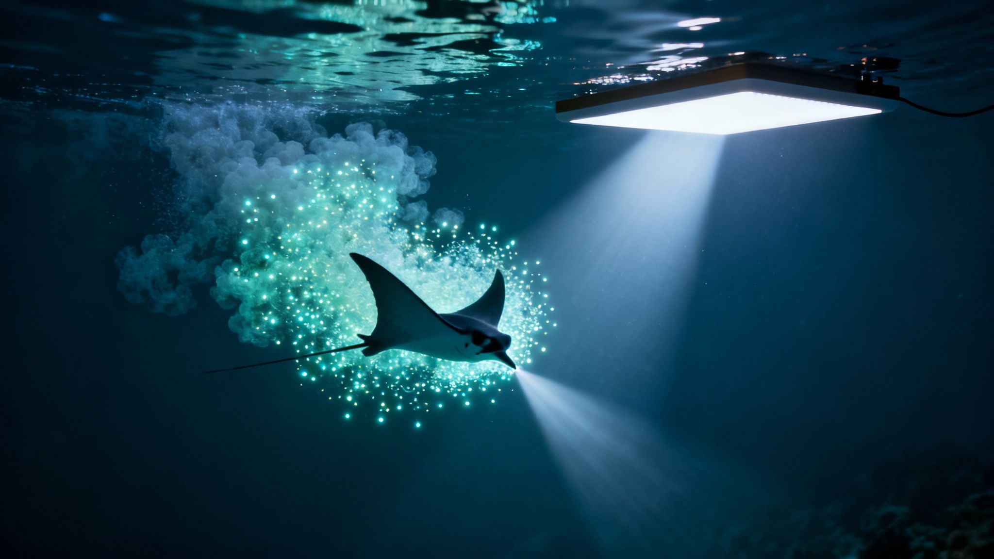 A manta ray swims in dark ocean waters, illuminated by artificial light from above and bioluminescent glow.