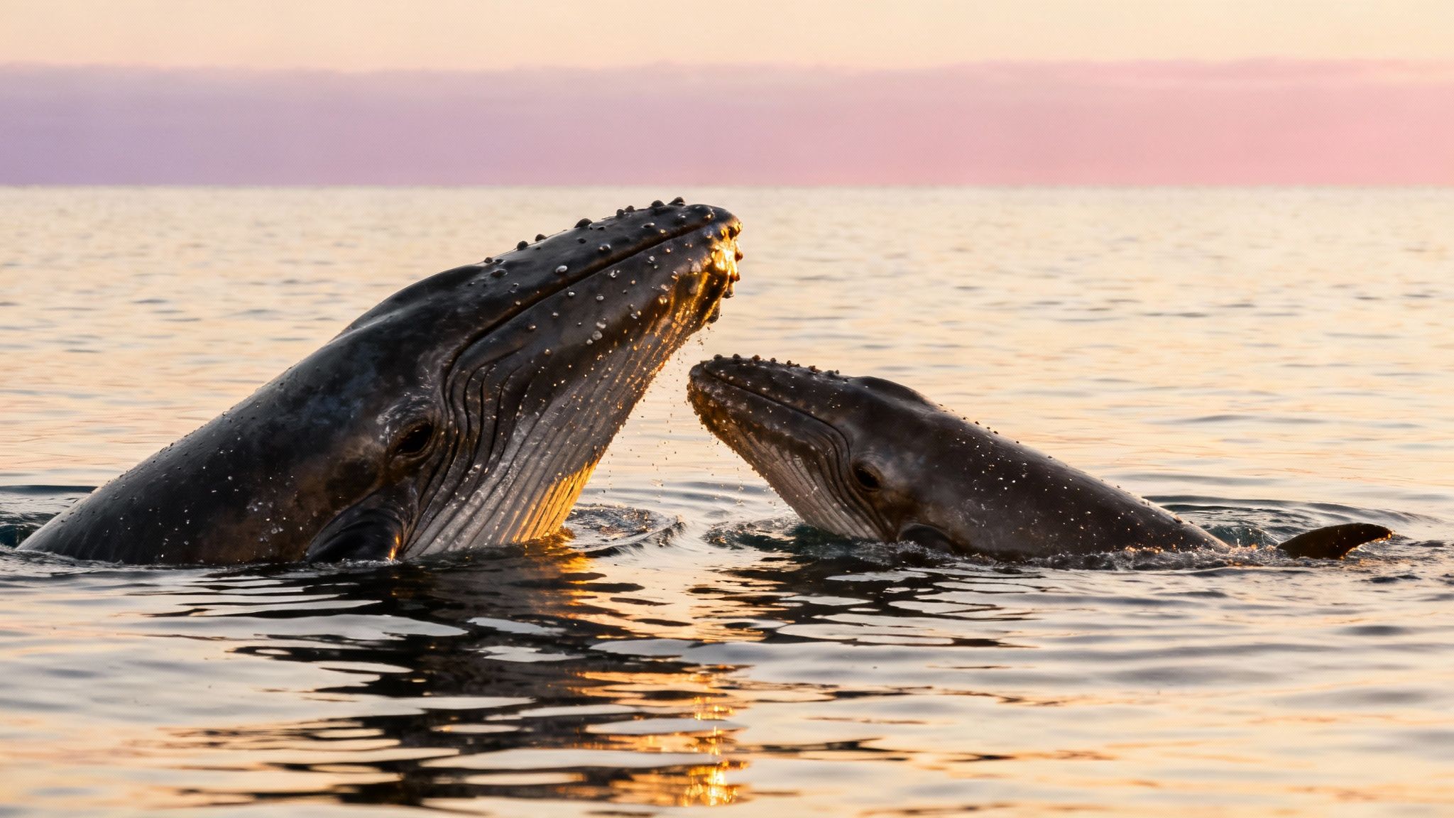 A mother humpback whale and her calf swimming side-by-side in the clear blue waters off Kona.