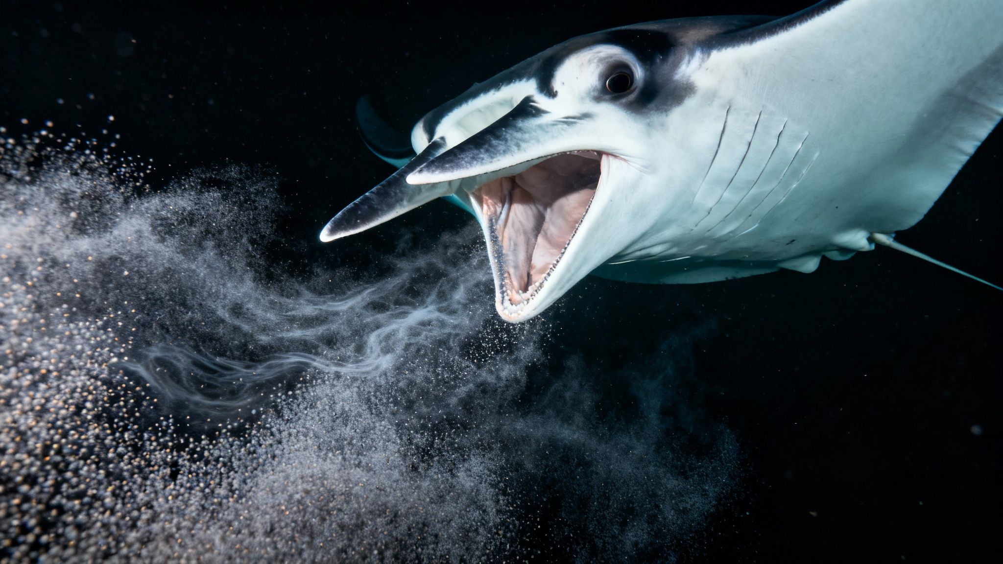A large manta ray glides gracefully over coral reefs in the clear blue waters of Kona.