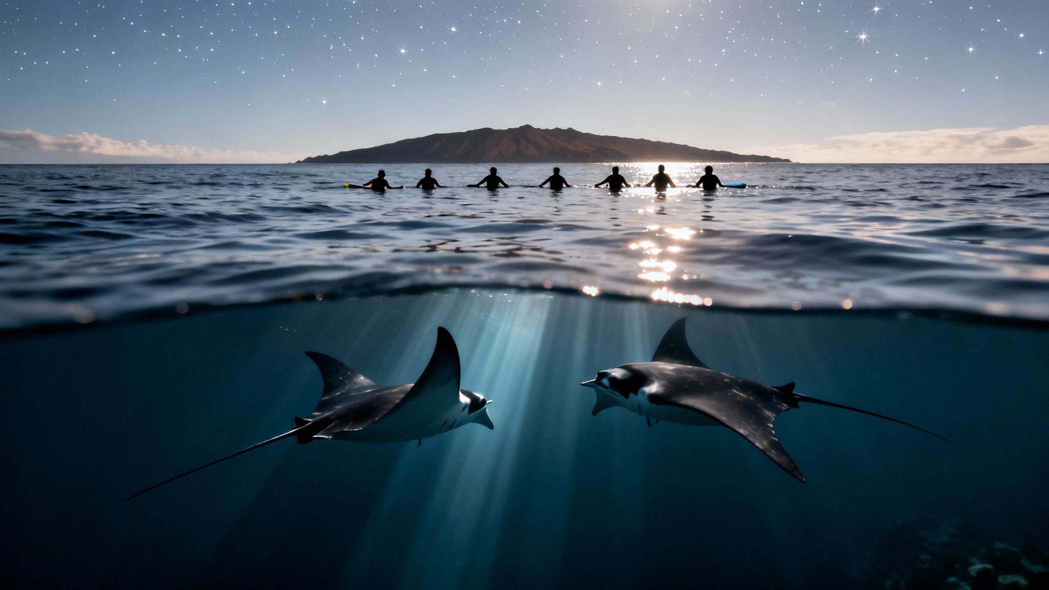 Above water, surfers silhouette against a starry sky and island; below, two manta rays swim in ocean sunbeams.