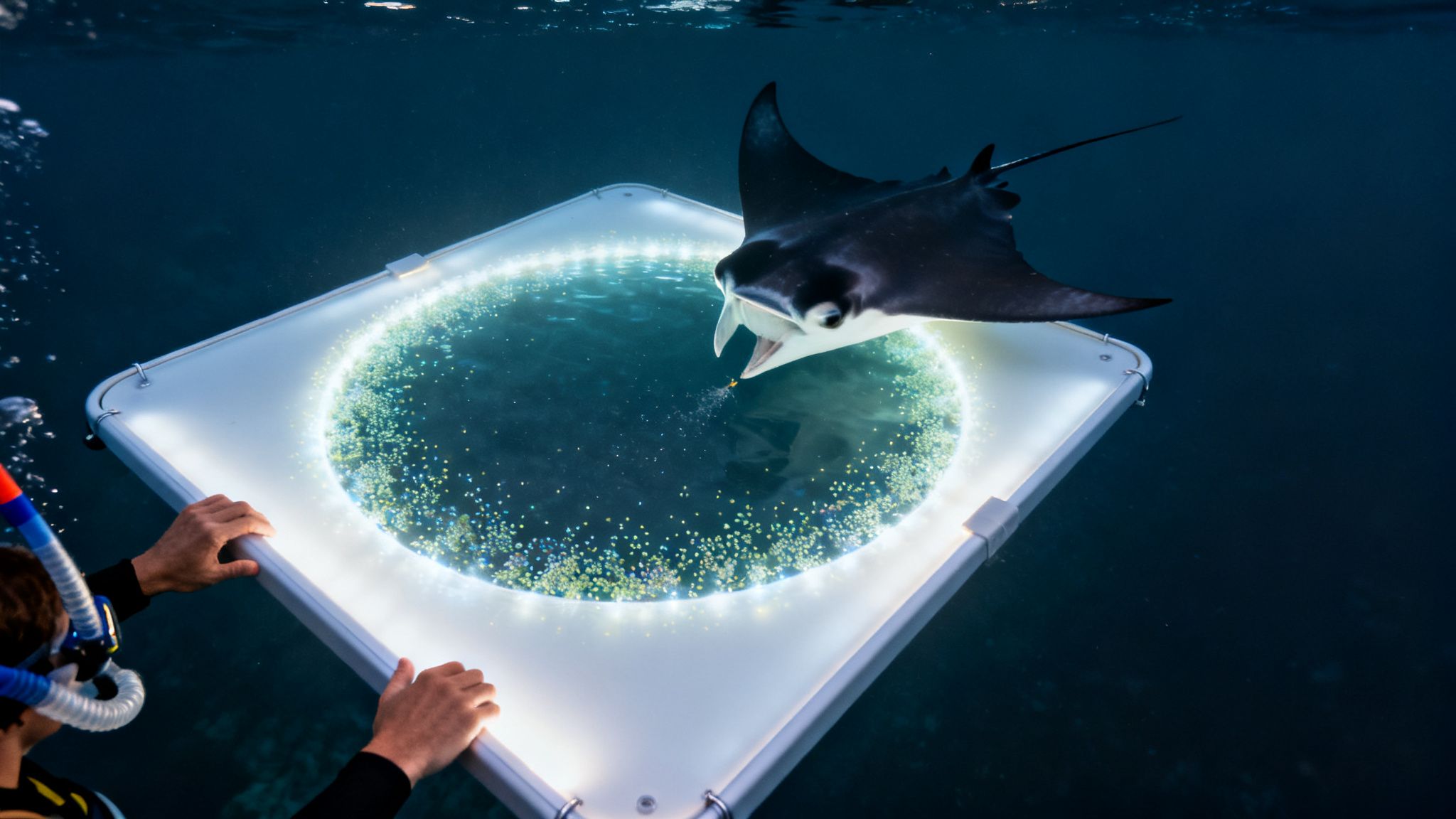 An underwater view of a manta ray feeding on illuminated plankton near a snorkeler.