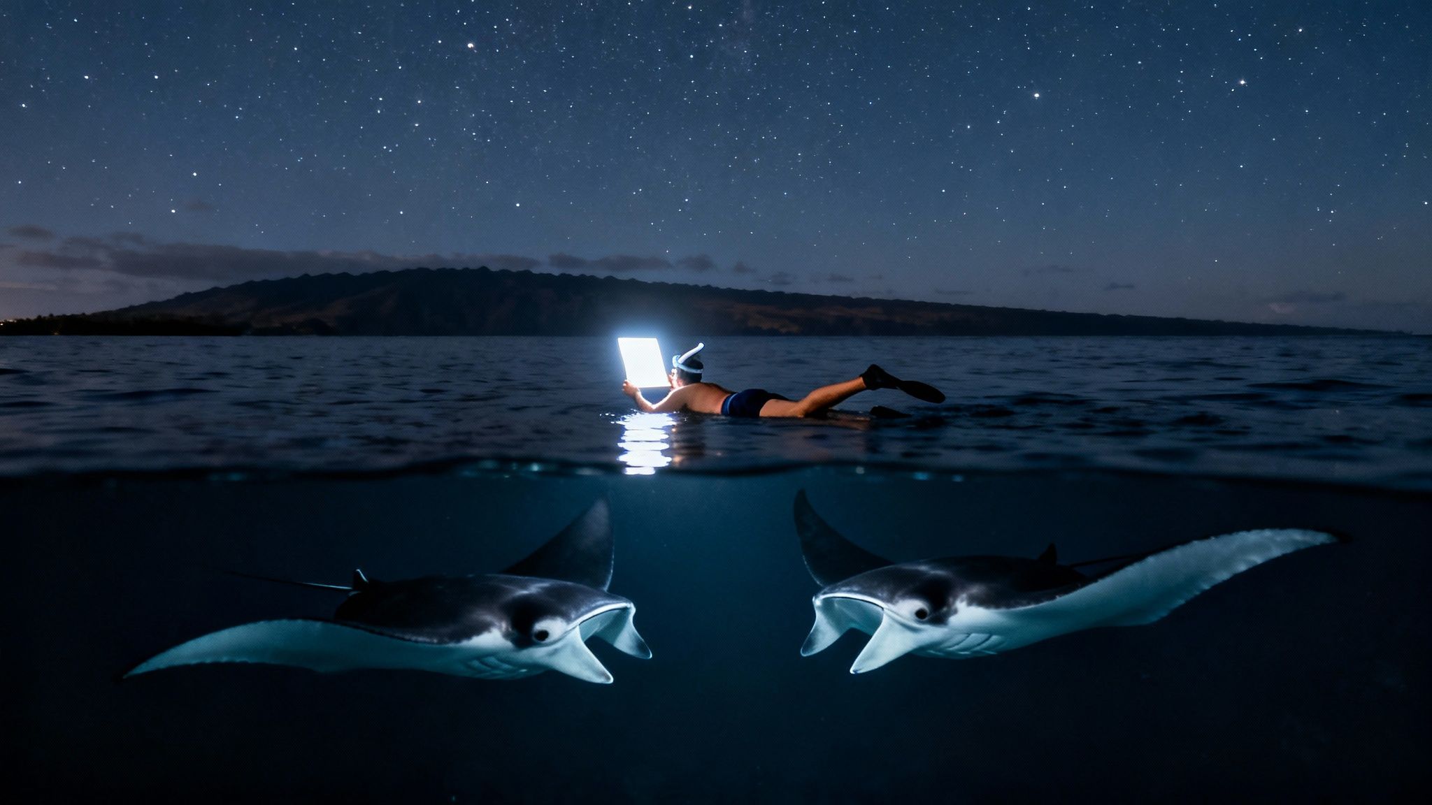 Night snorkeling scene with a person holding a bright light and two majestic manta rays underwater.