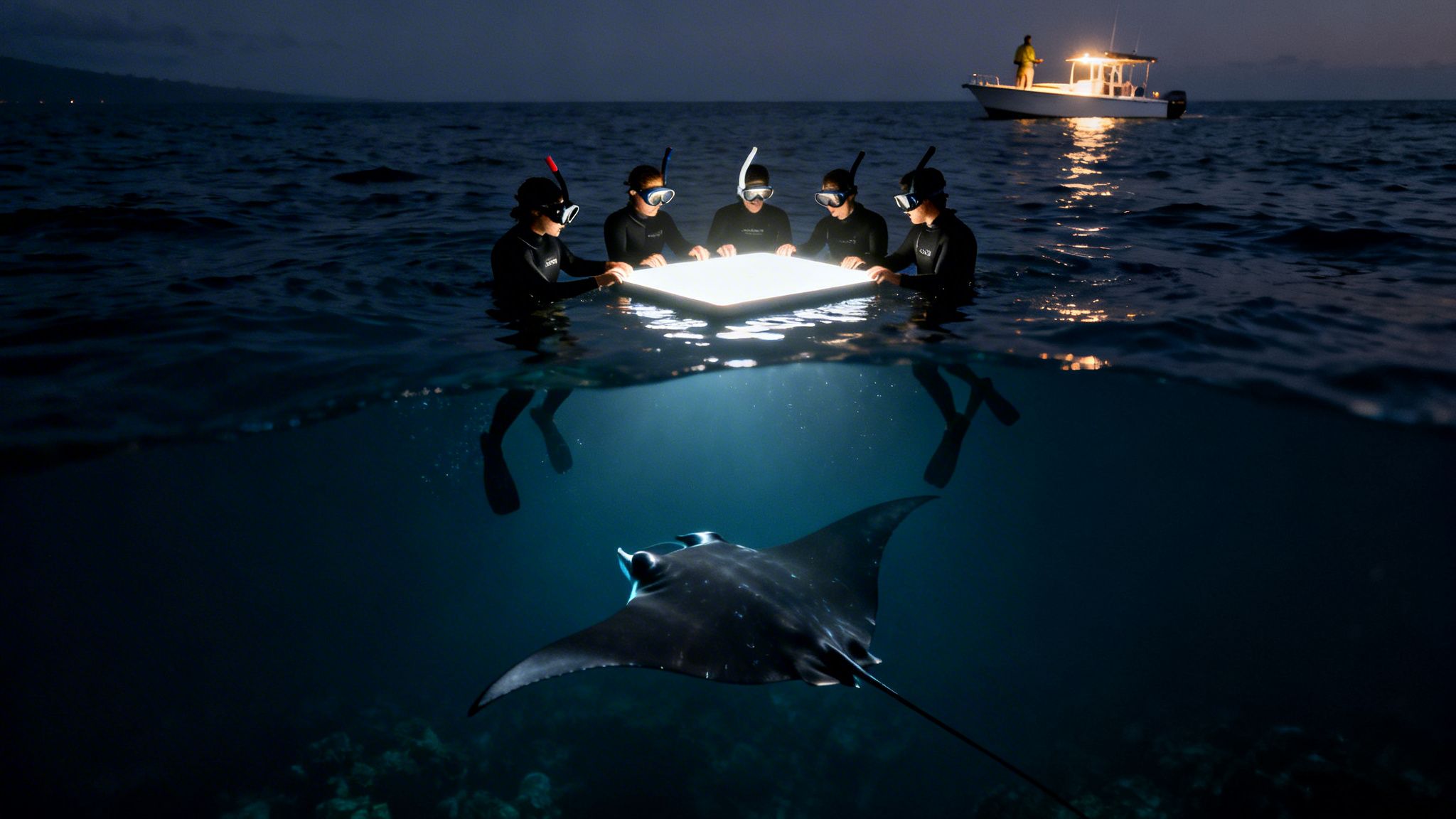 Snorkelers at night surround an illuminated underwater board, attracting a majestic manta ray.