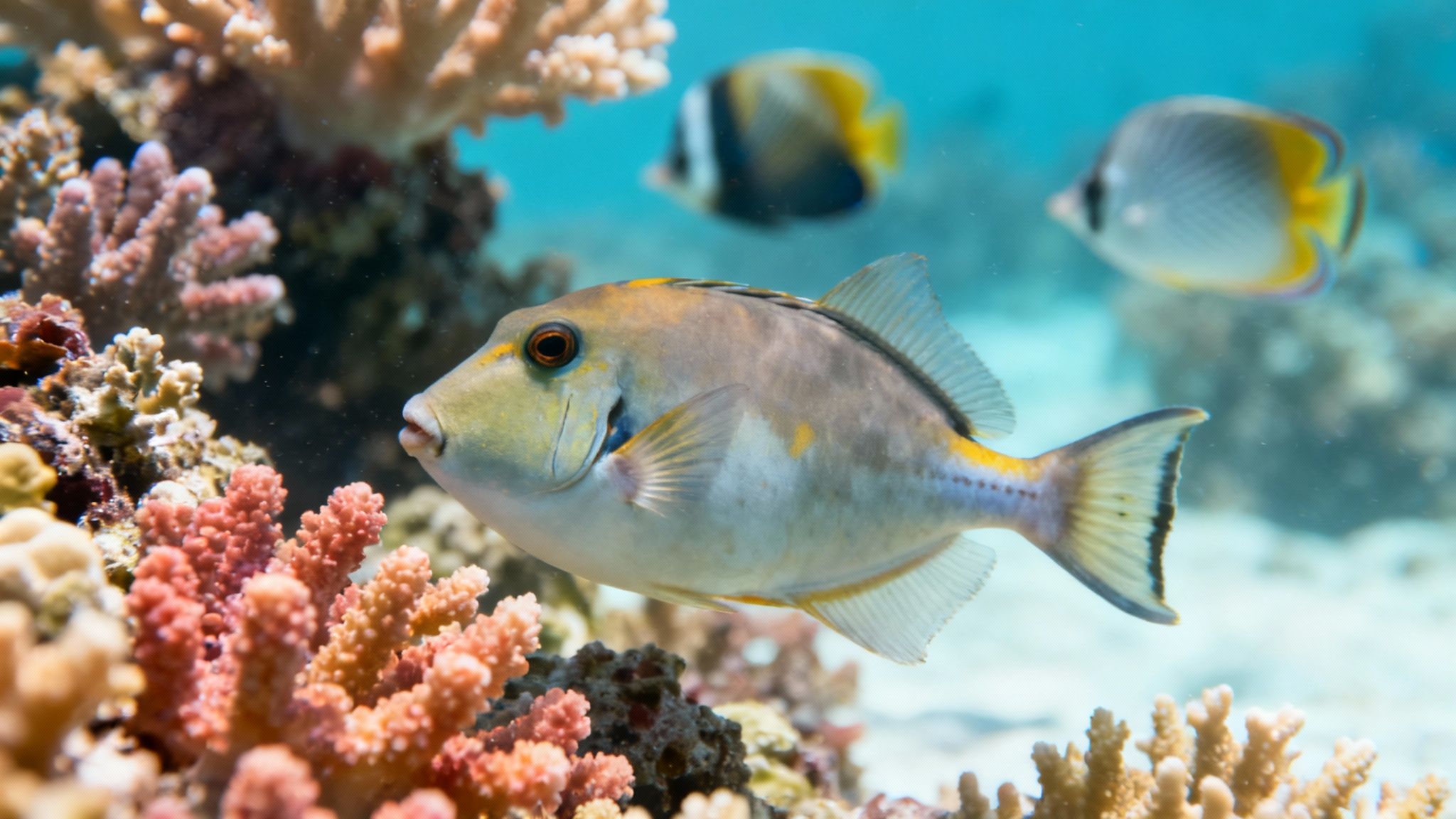 Vibrant yellow tangs swimming over a healthy coral reef in Kealakekua Bay