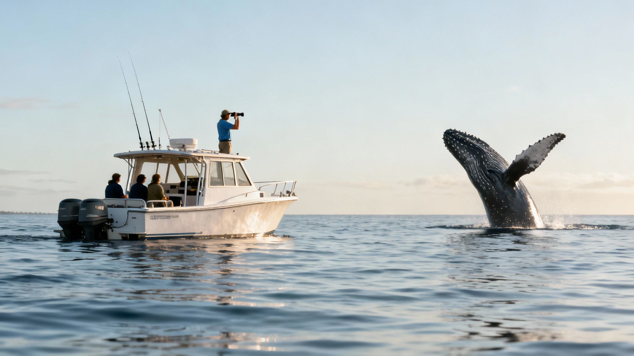 People on a boat watch a humpback whale breaching dramatically out of the ocean at sunset.