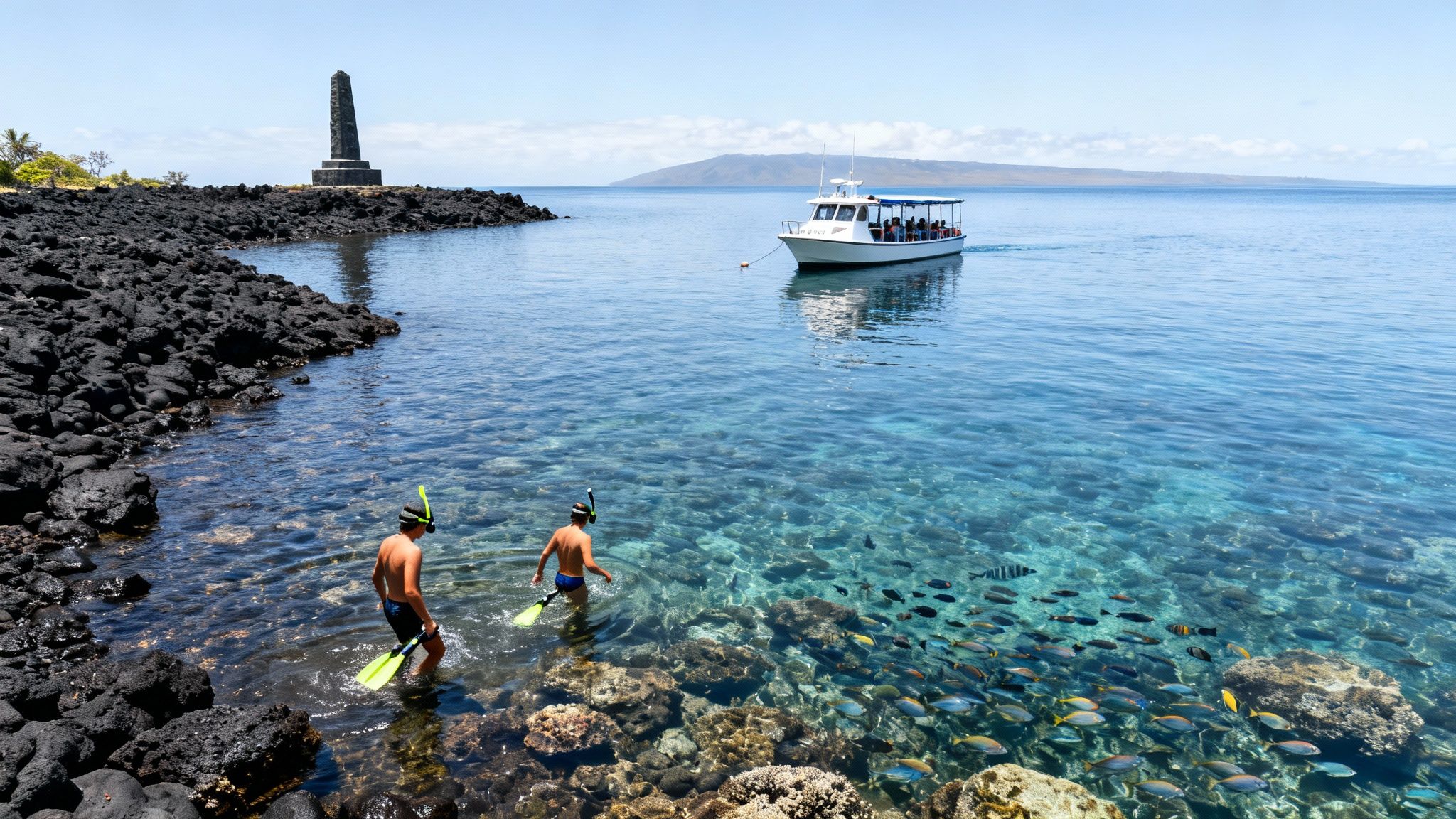 Two snorkelers explore a Hawaiian reef, surrounded by fish, a tour boat, and a shore monument.