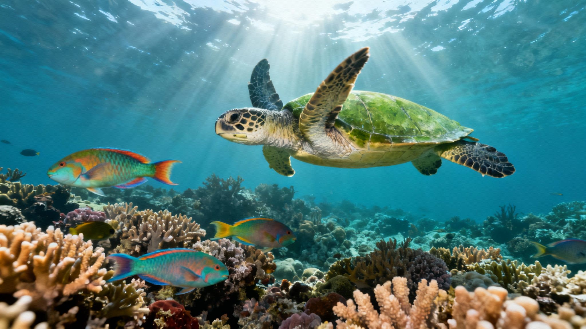 Underwater view of a green sea turtle swimming near a vibrant coral reef with tropical fish and sun rays.
