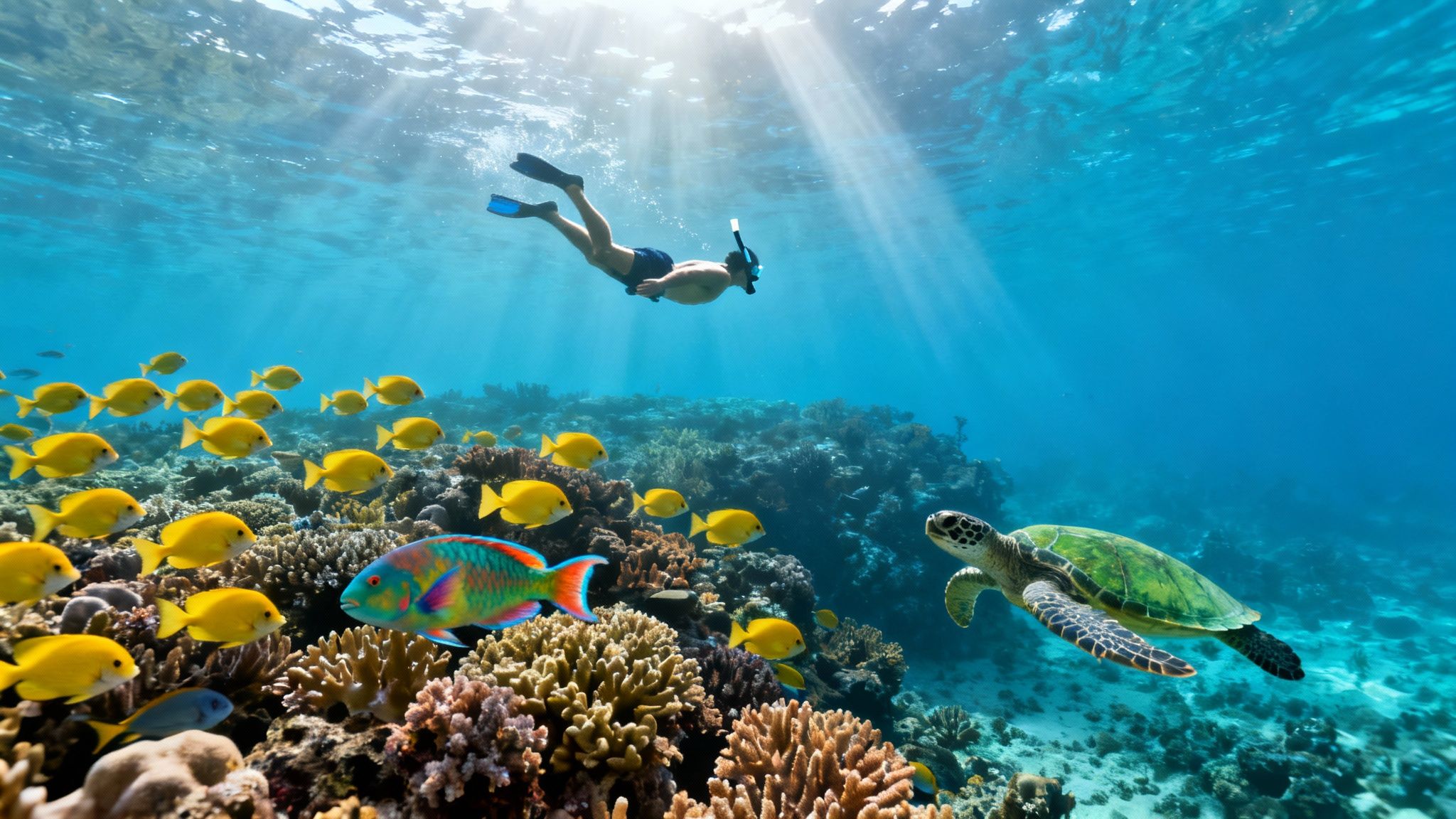 A vibrant underwater scene shows a snorkeler, a sea turtle, and numerous yellow fish among colorful corals.