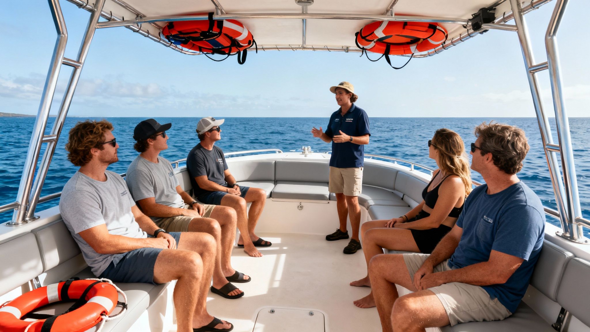 People on a boat tour listen to their guide on the ocean under a clear blue sky.