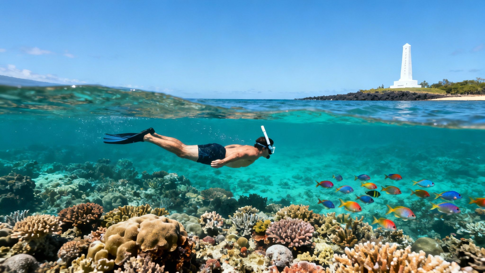 A man snorkeling underwater above a vibrant coral reef with colorful fish, and a white lighthouse on an island above the sea.