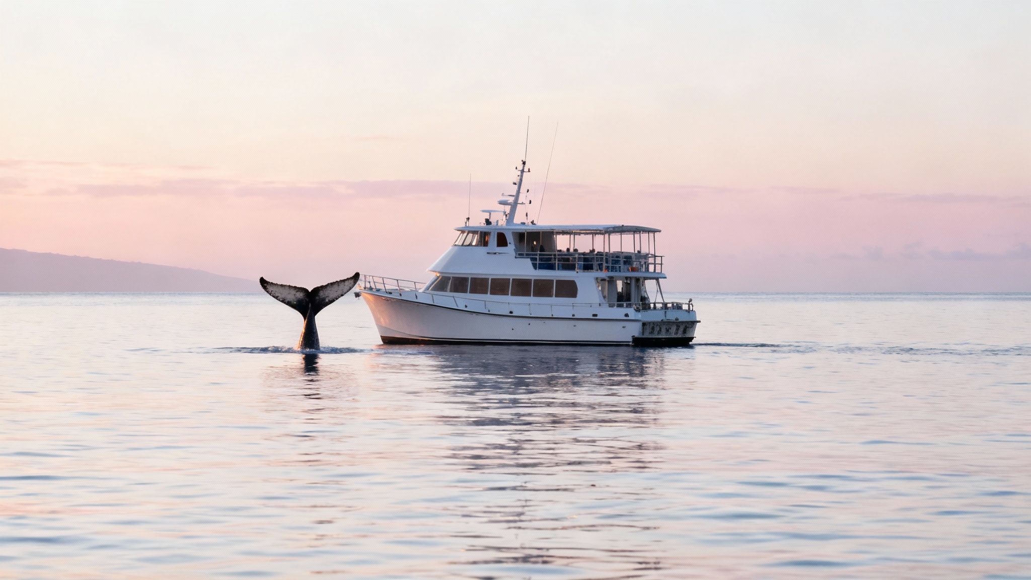A humpback whale's tail powerfully slapping the ocean's surface with the Big Island's coastline in the distance.