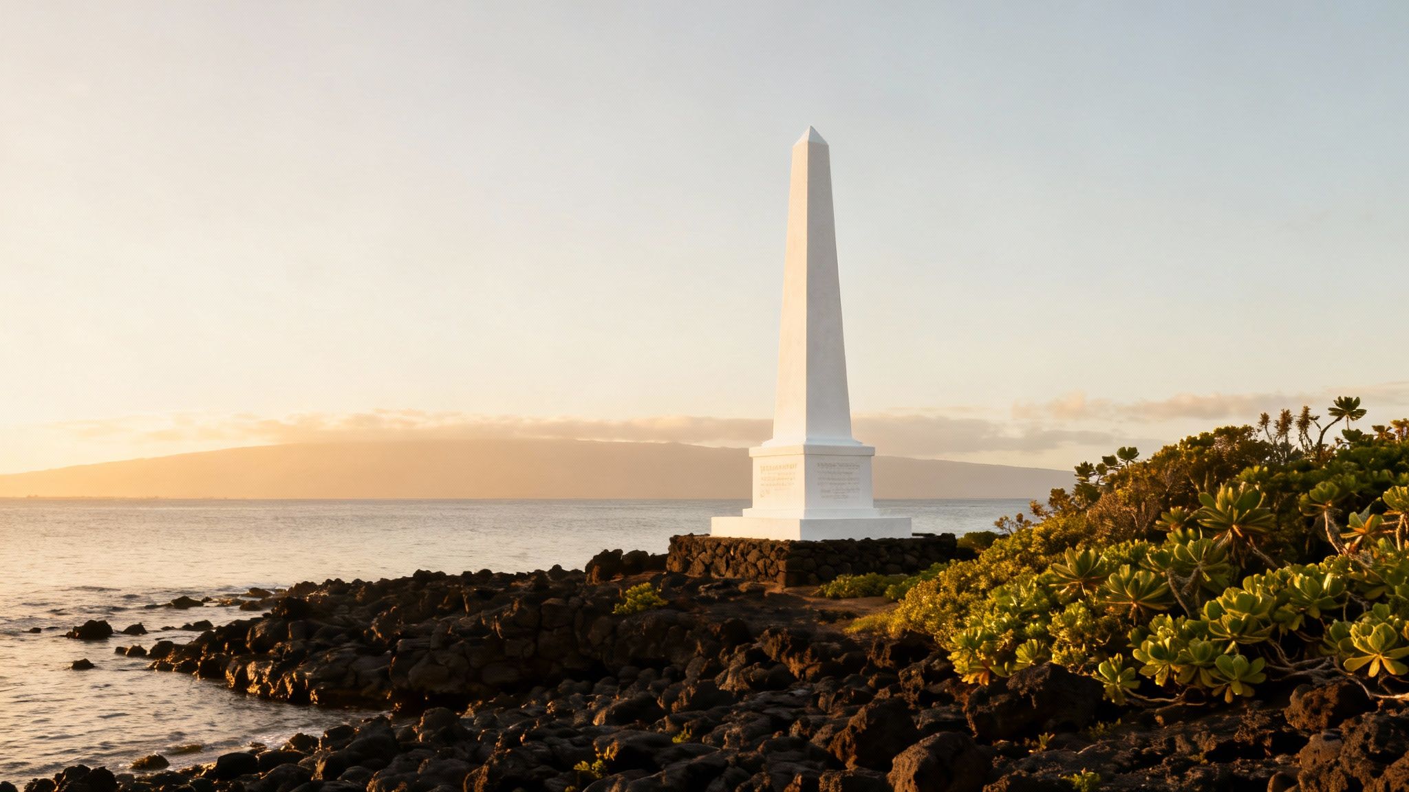 Captain Cook Monument standing on the shore of Kealakekua Bay