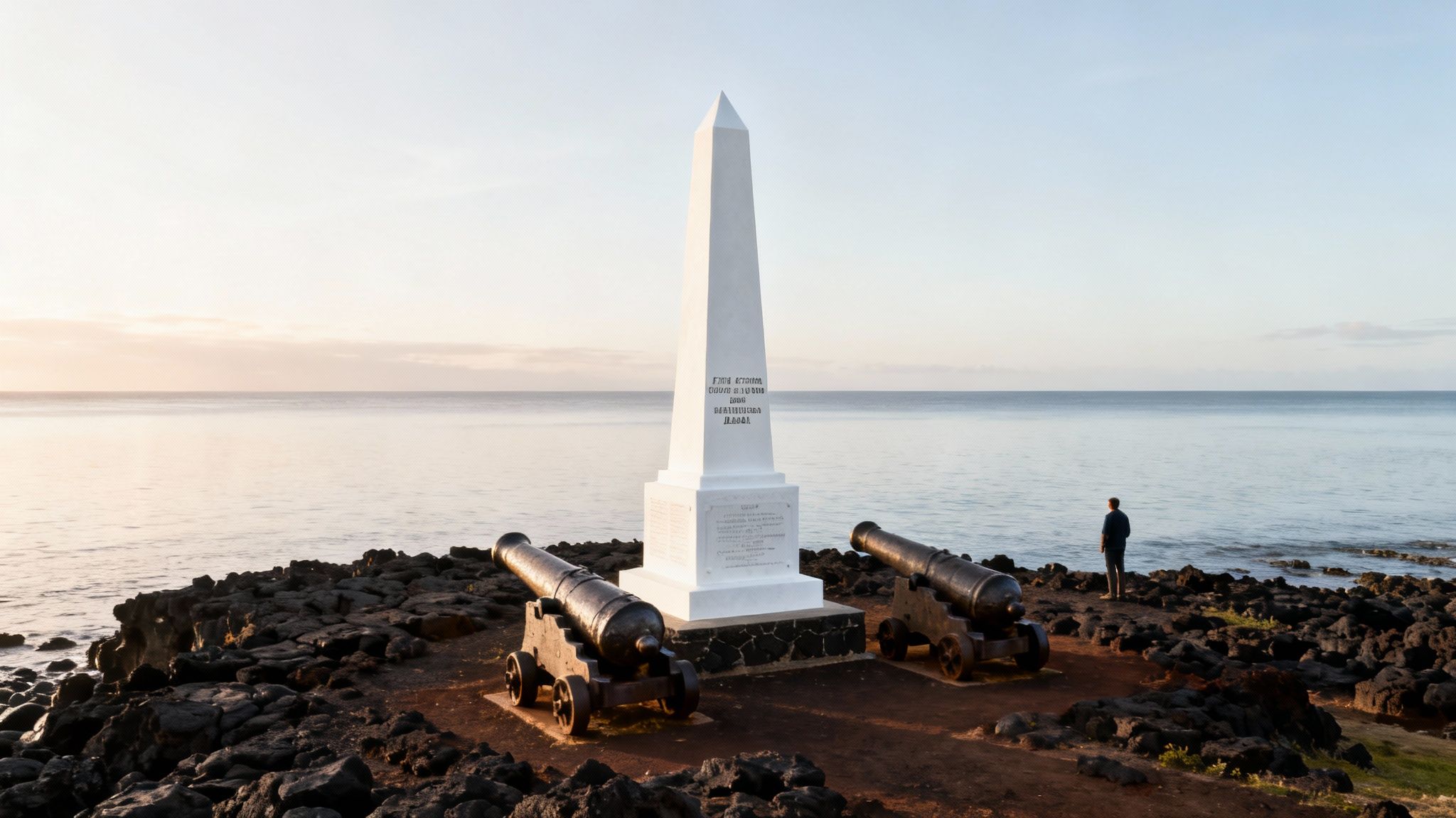 A white obelisk monument and two cannons stand on a rocky coastline overlooking a calm sea.