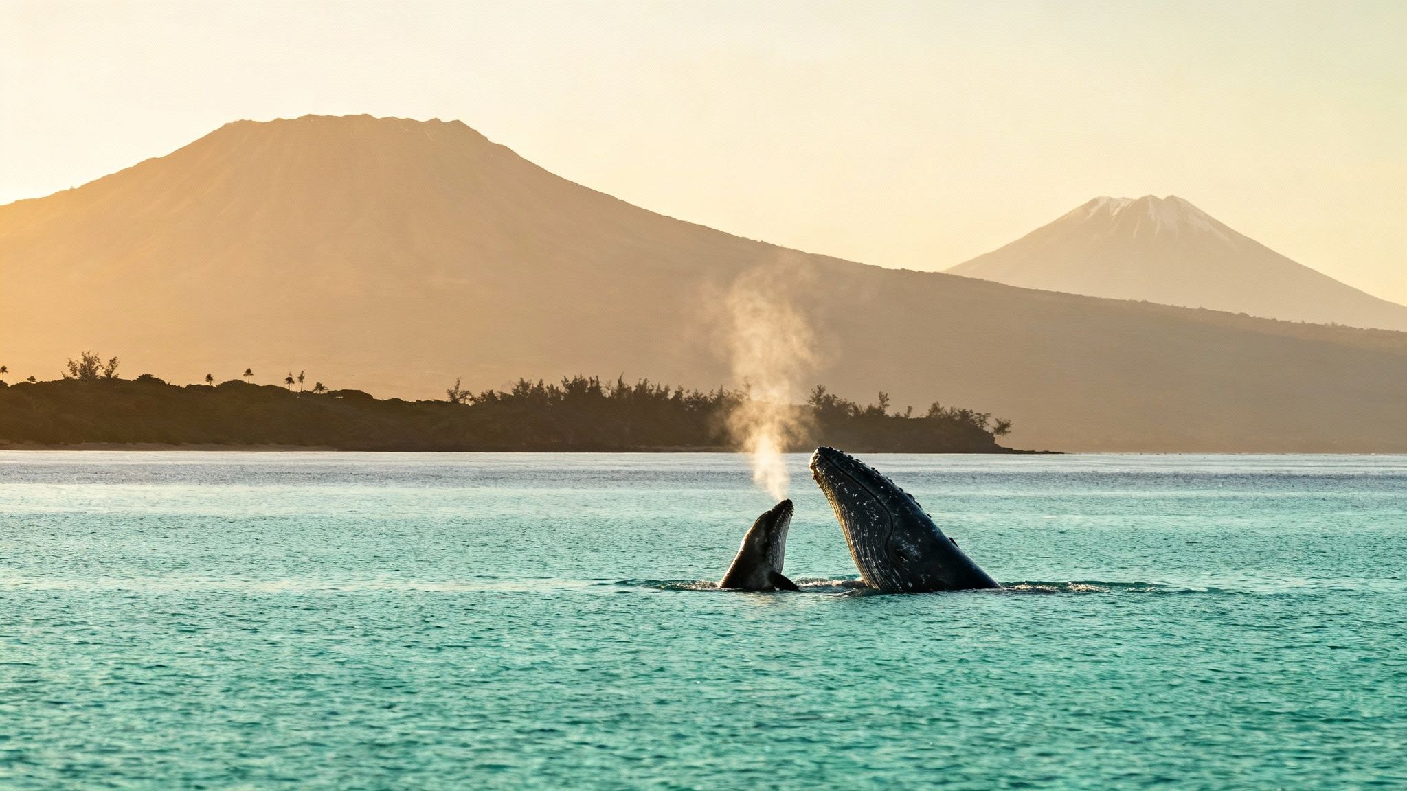 Two whales, one spouting water, in turquoise ocean with mountains and a golden sky.