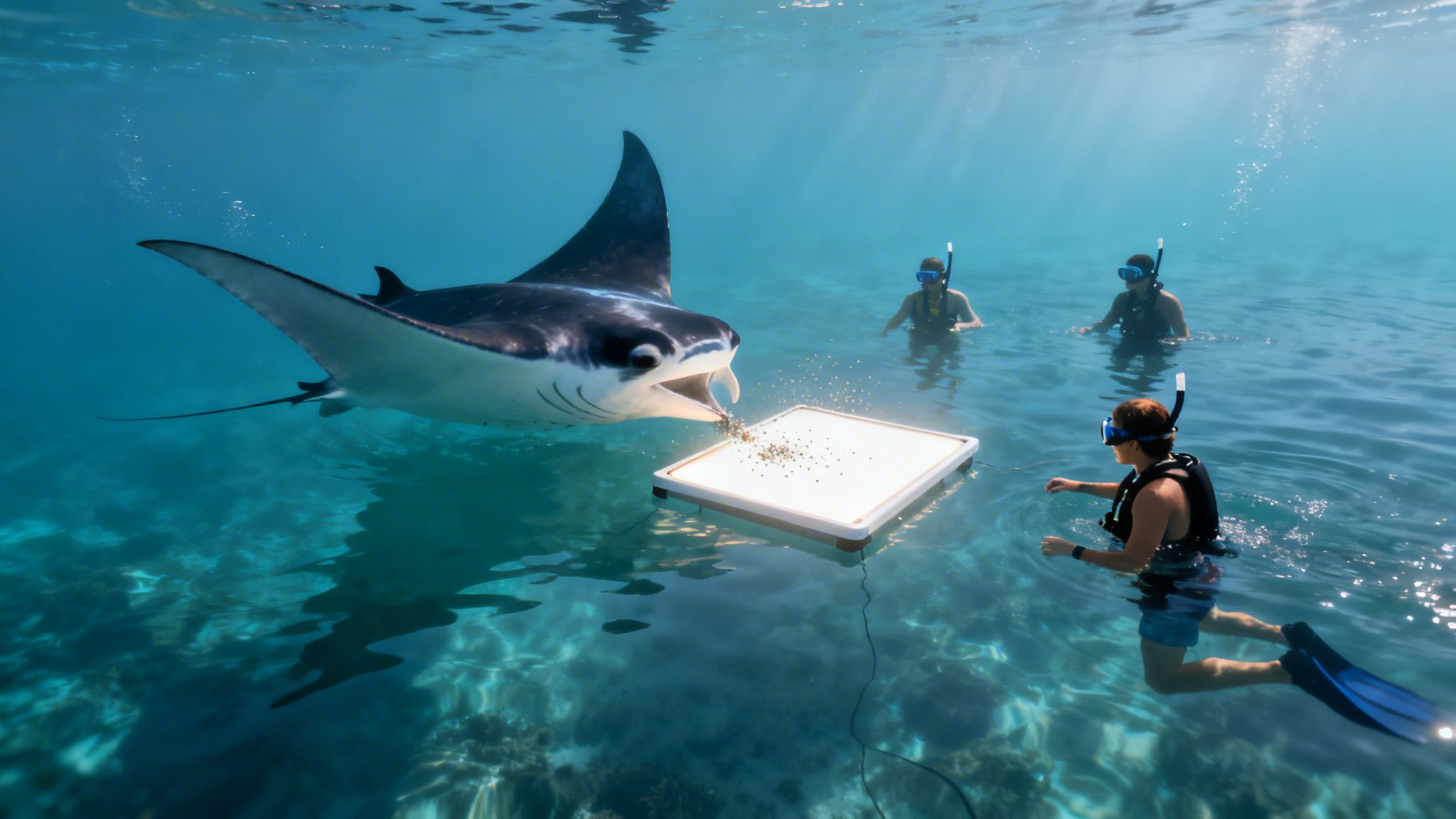 A majestic manta ray feeds from a floating platform as snorkelers observe in clear blue ocean water.