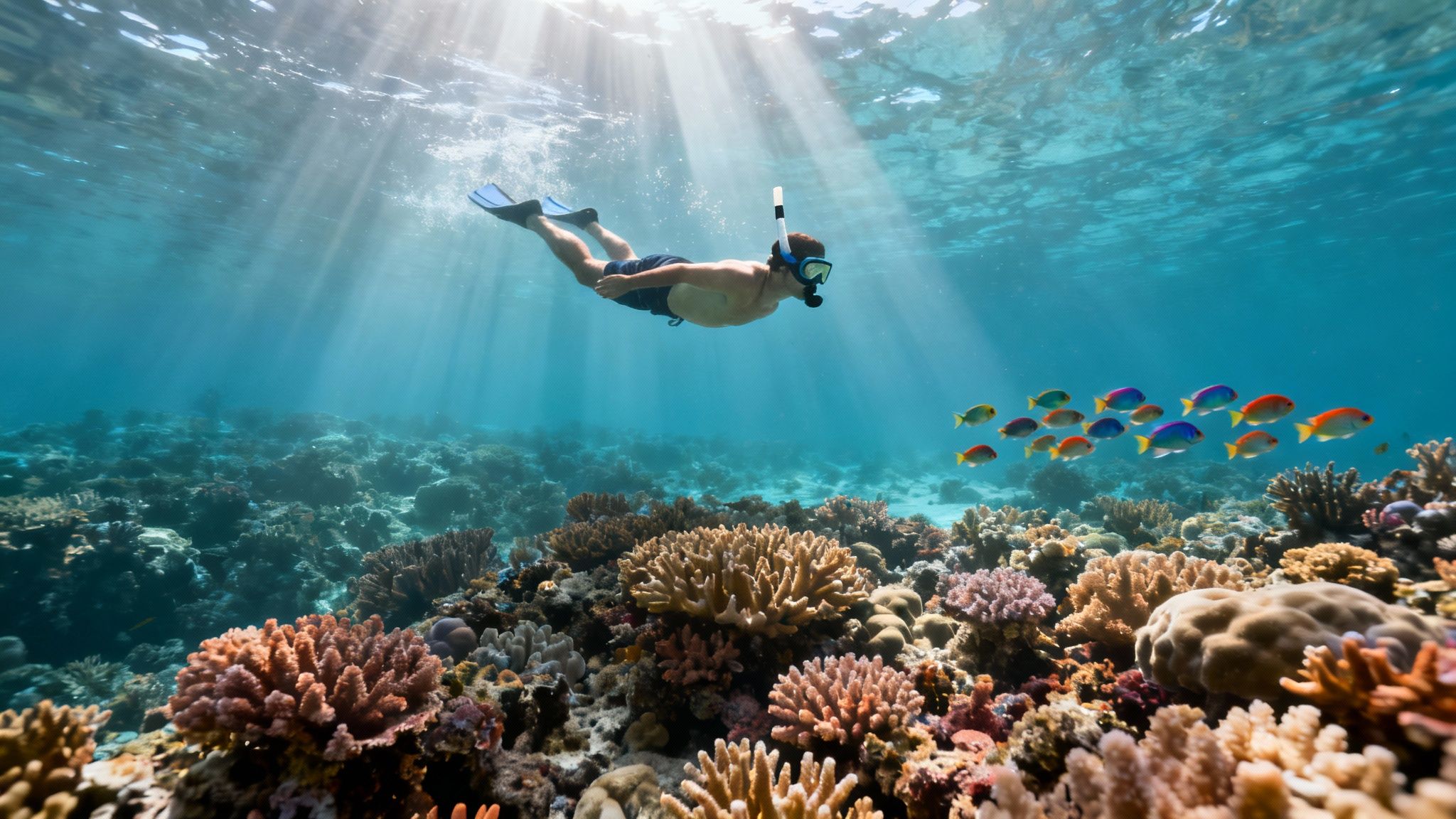 A person snorkeling over a vibrant coral reef with a school of colorful fish and sun rays.