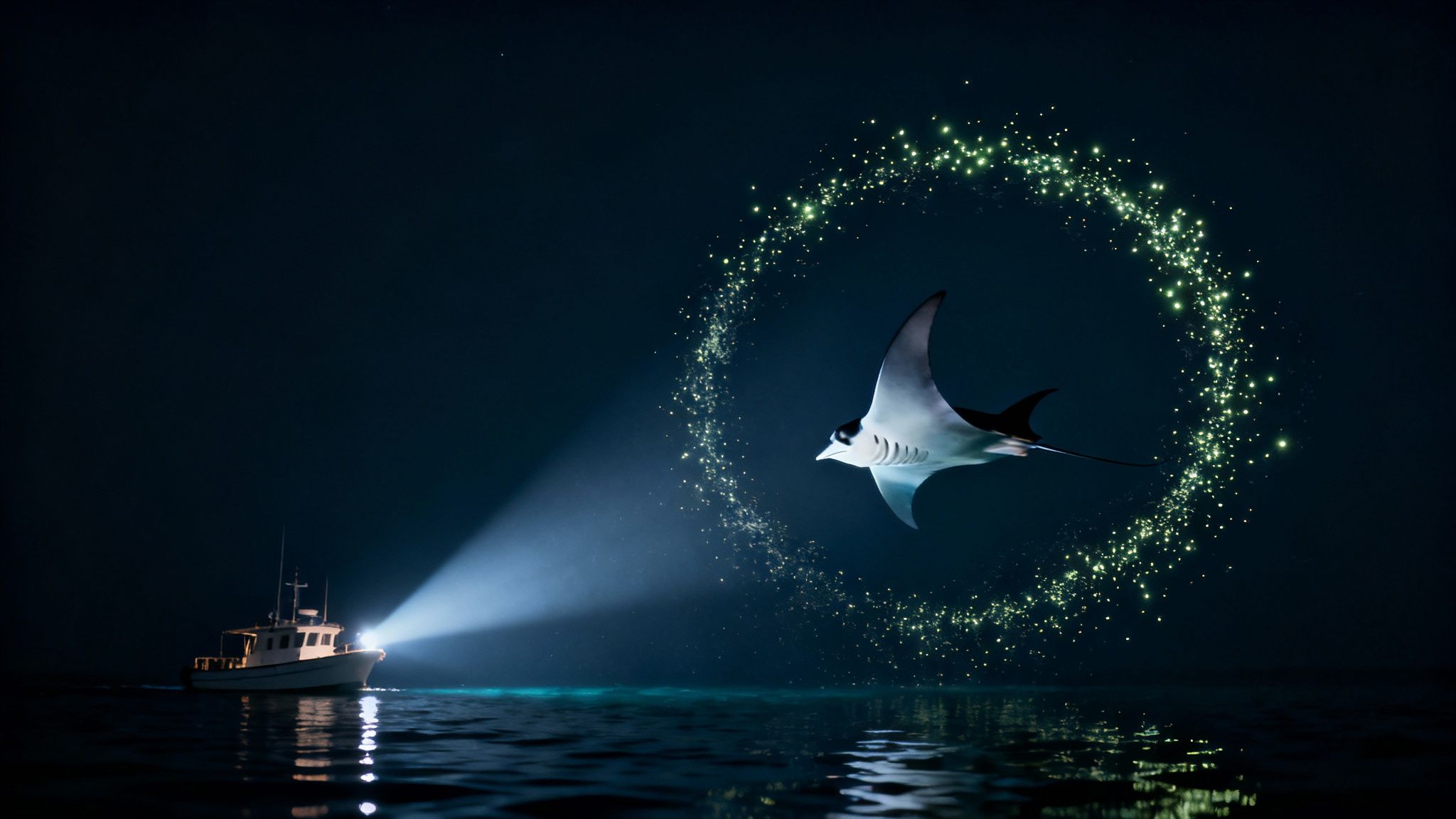 Manta ray glides through the water at night, illuminated by tour boat lights