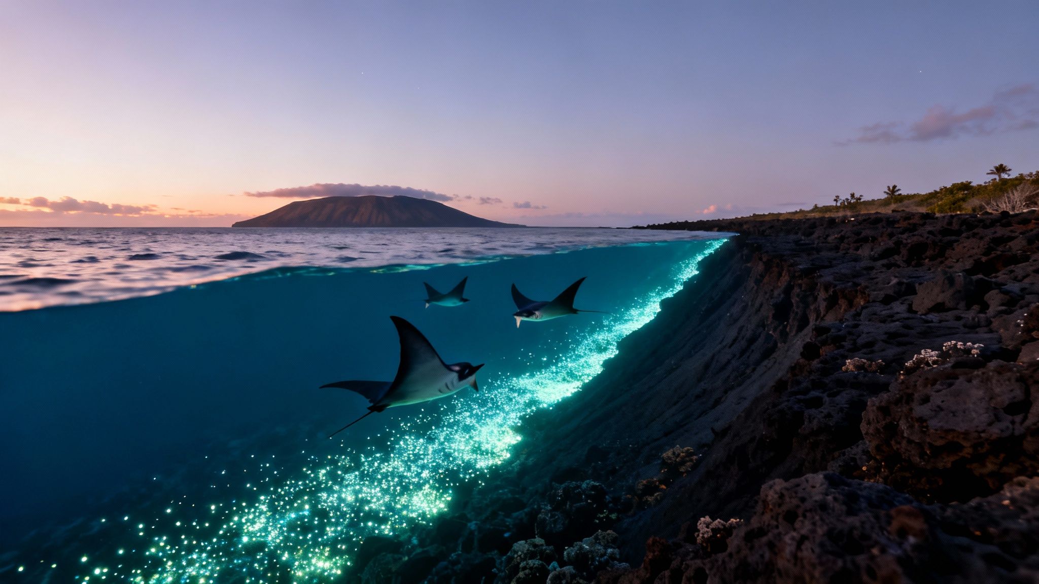 Three manta rays swim in bioluminescent water near a rocky island at twilight.