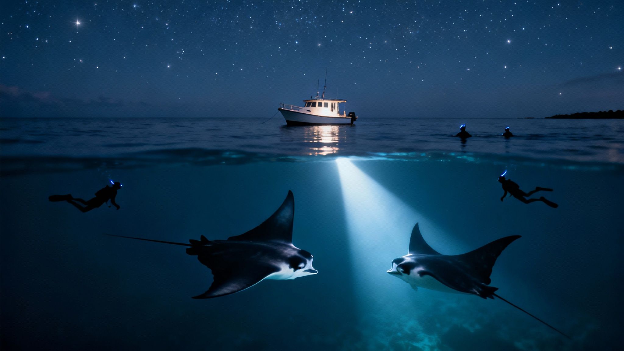 Manta ray night snorkel in Kona with divers and a boat under a starry sky.