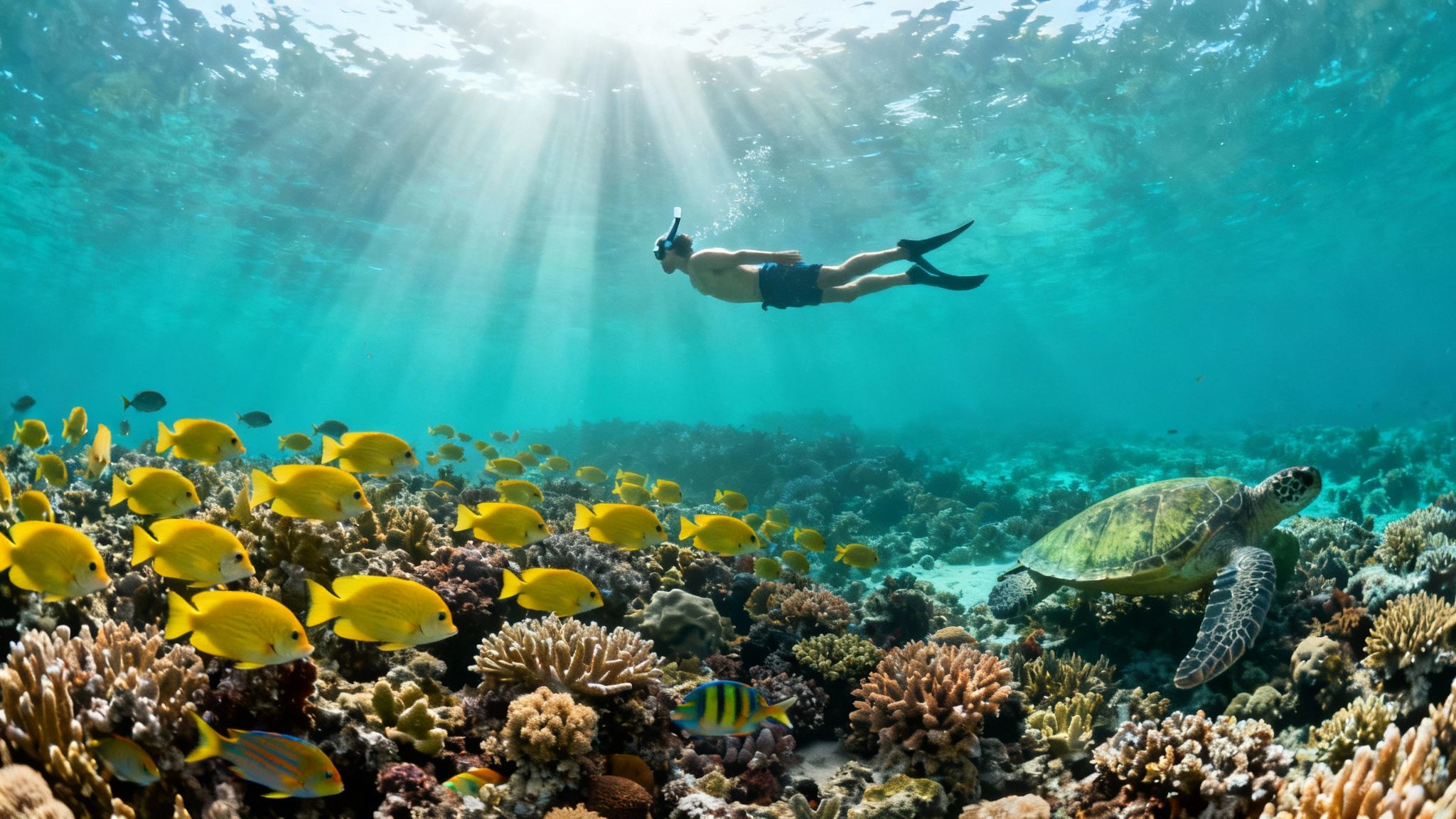 A snorkeler swims above a vibrant coral reef, surrounded by yellow fish and a large sea turtle.