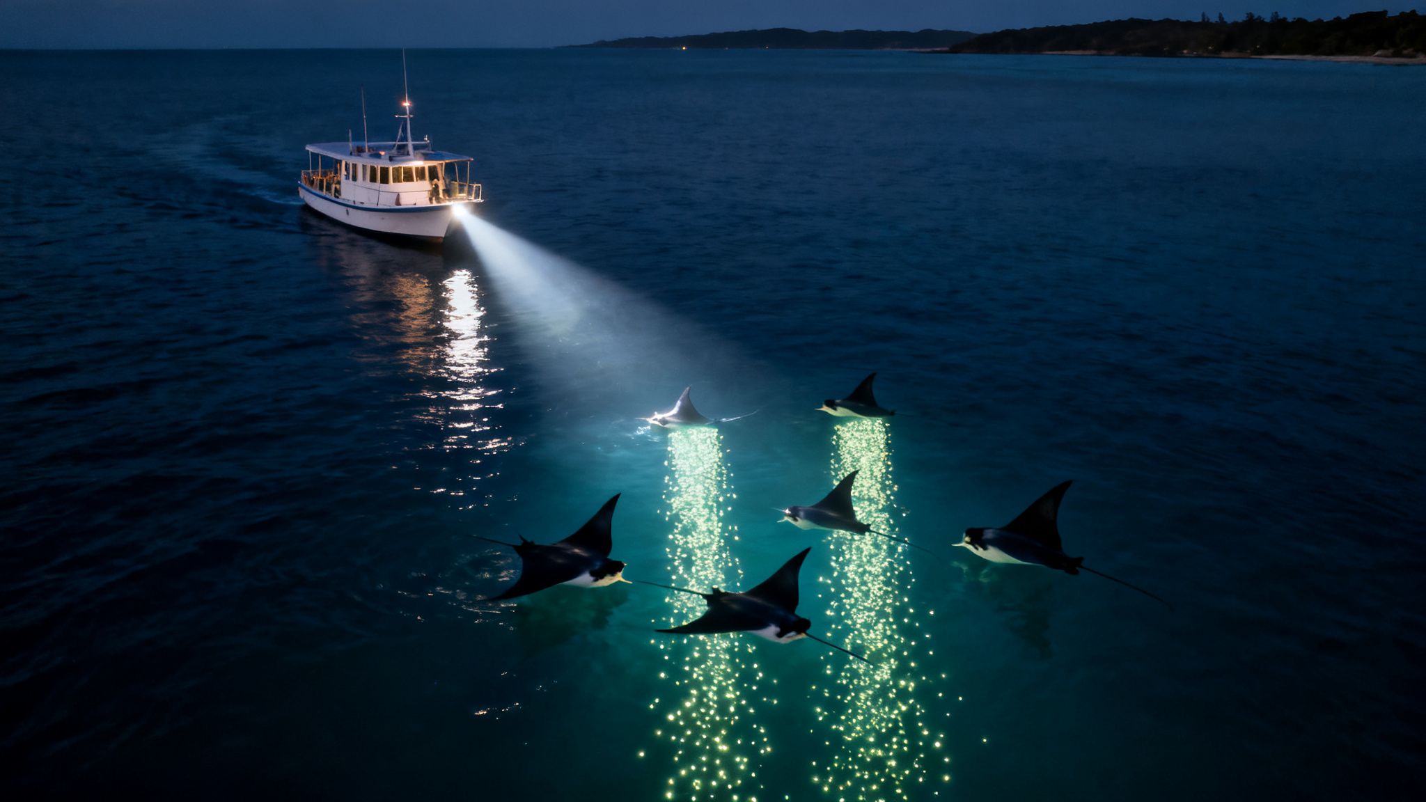 A boat shines a bright light at night, attracting multiple manta rays with glowing bioluminescent trails in the ocean.