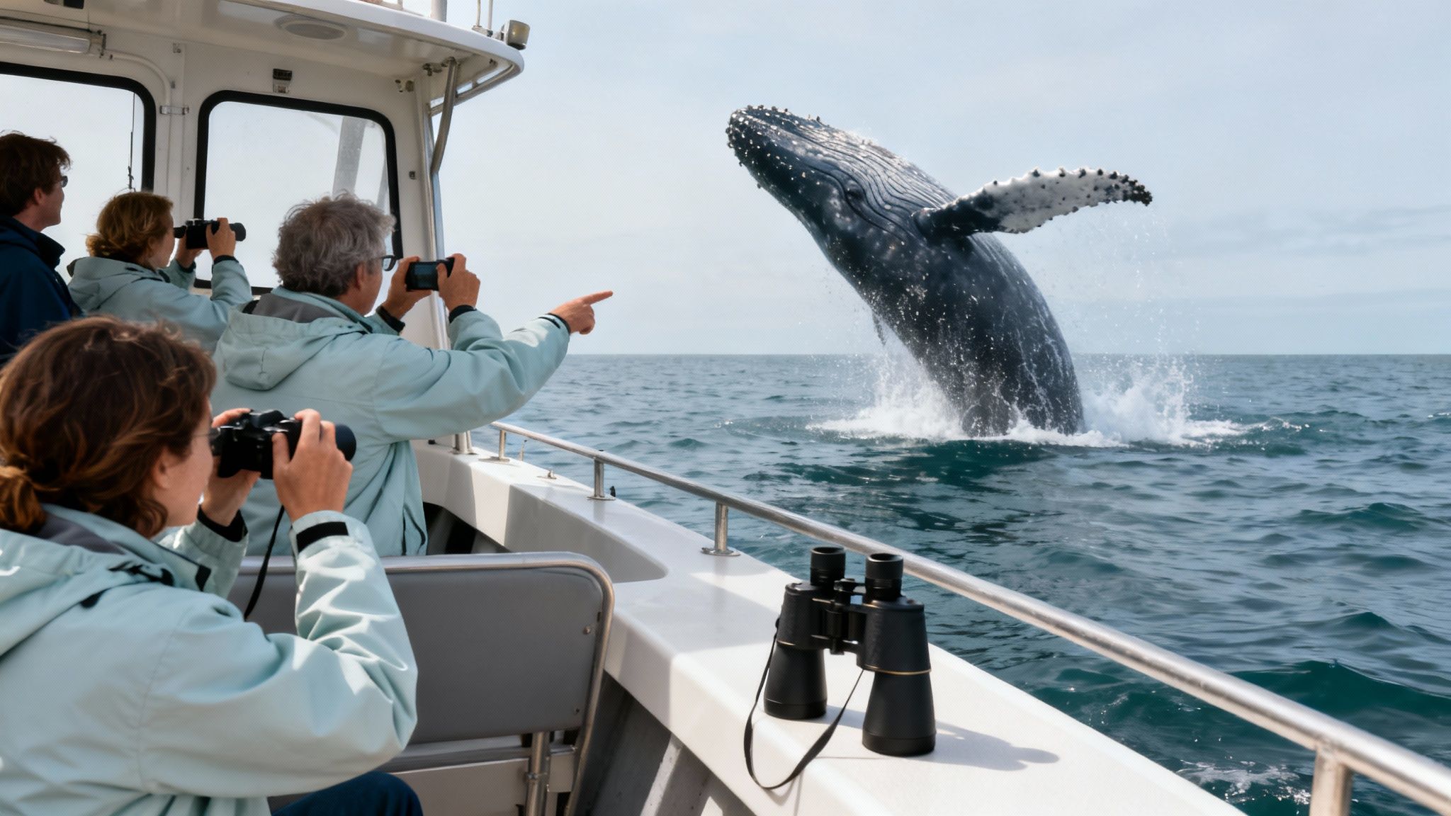 Excited tourists on a boat observe a magnificent humpback whale breaching out of the ocean.