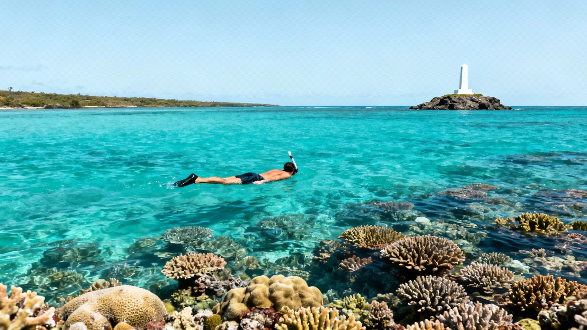 A school of yellow tang fish swimming over a coral reef in clear blue water.